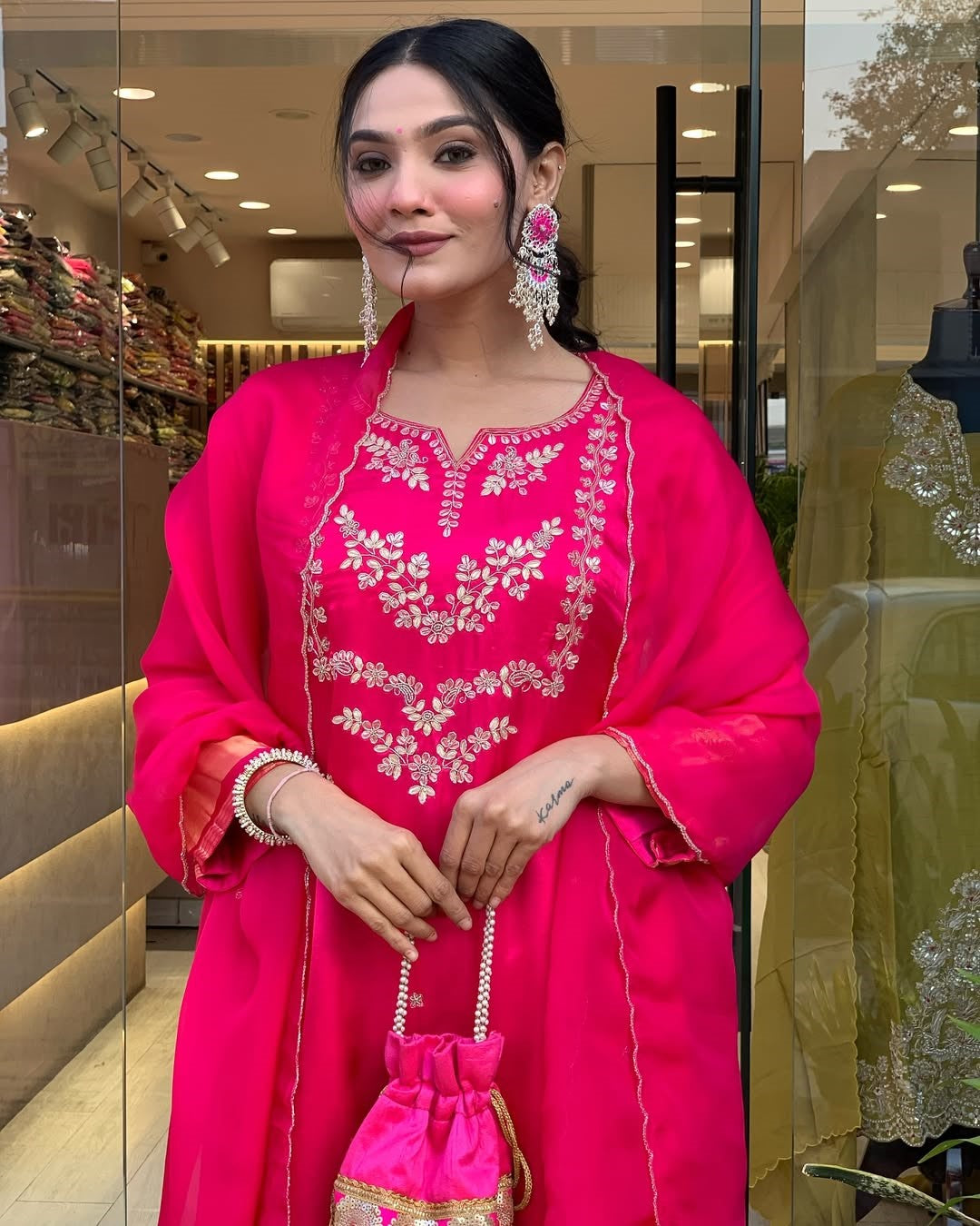 Rani Pink Embroidered A-Line Kurta Suit Set