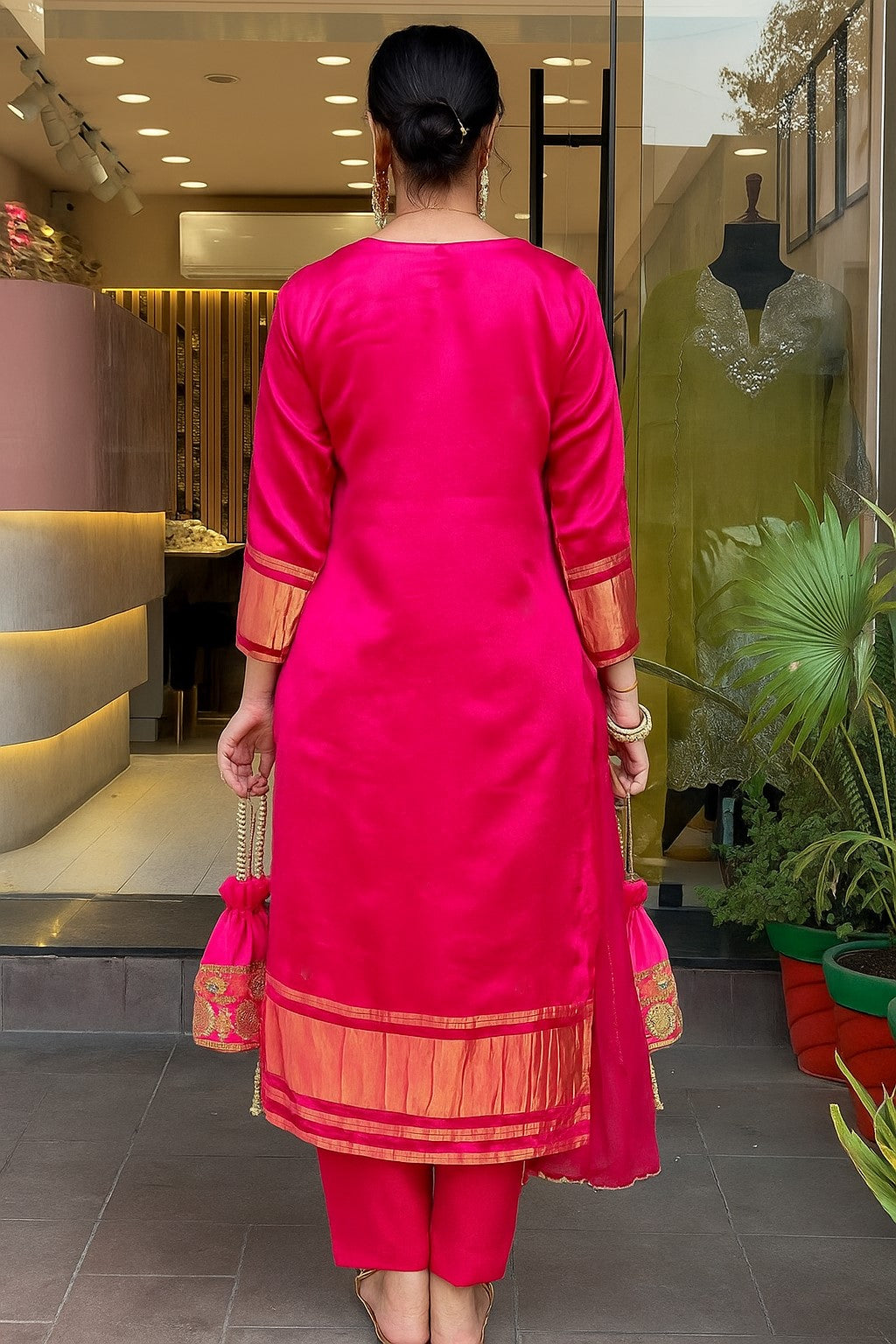 Rani Pink Embroidered A-Line Kurta Suit Set