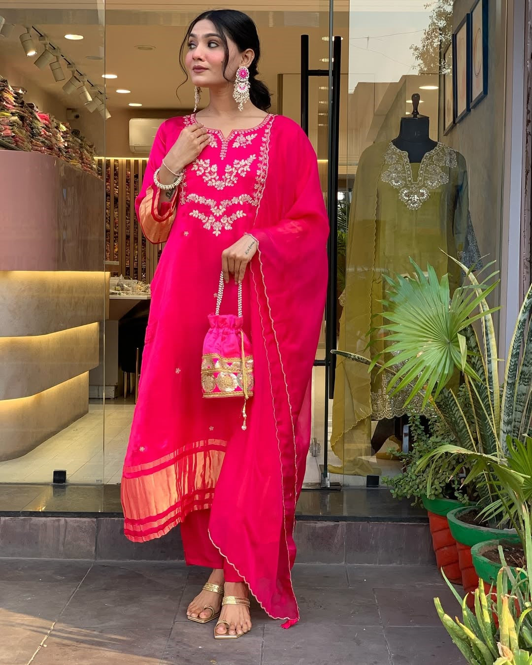 Rani Pink Embroidered A-Line Kurta Suit Set