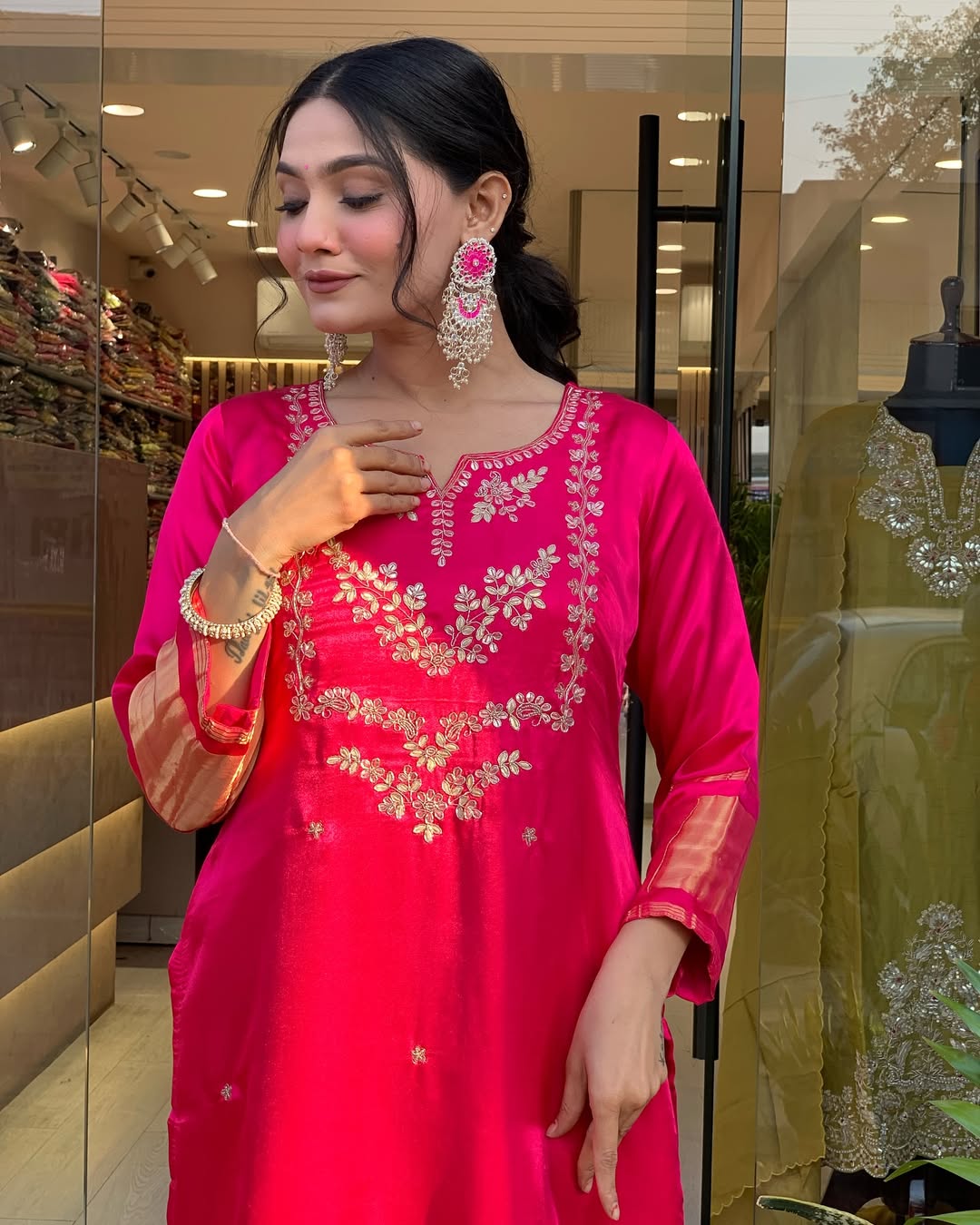 Rani Pink Embroidered A-Line Kurta Suit Set