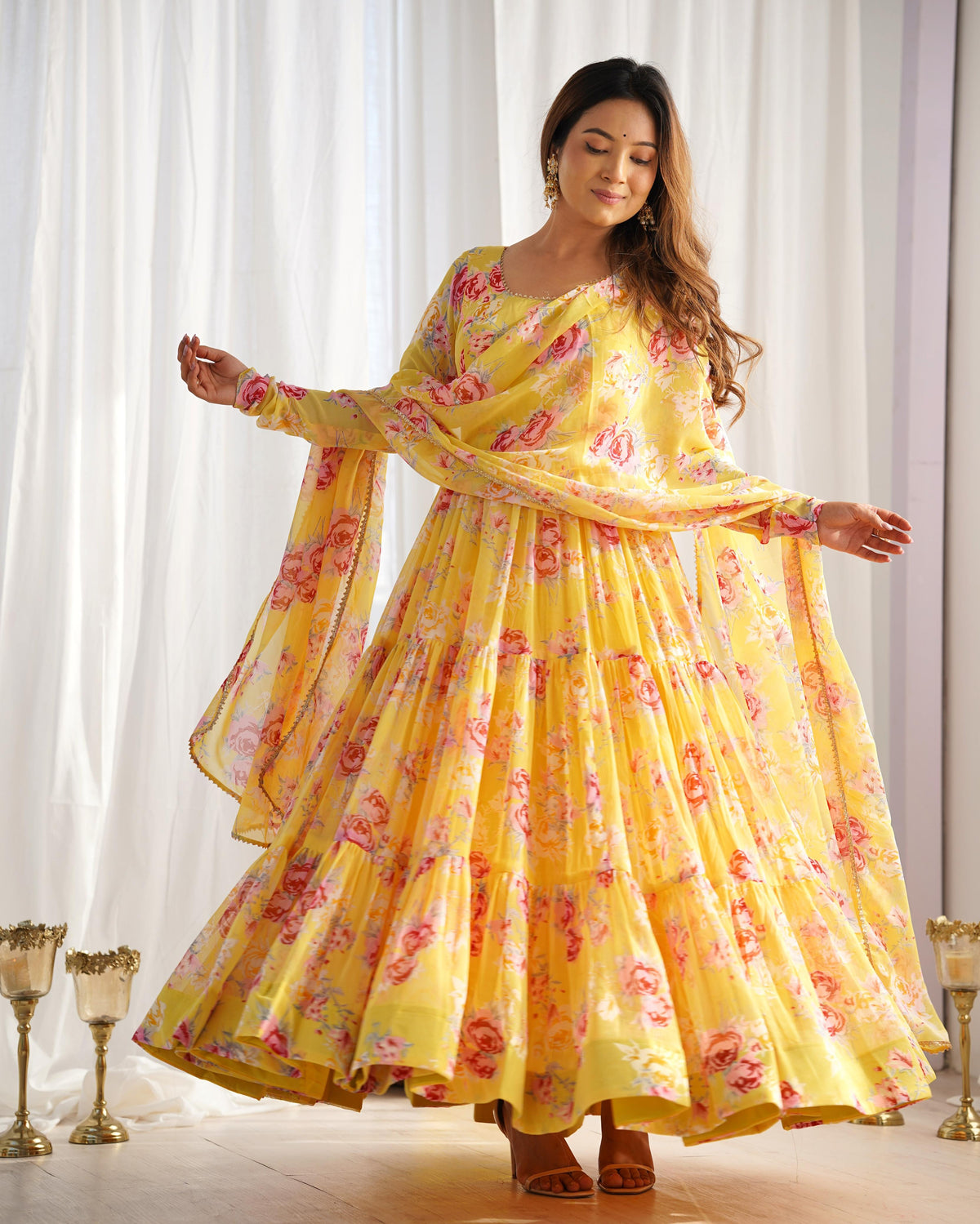 Mustard Silk Embroidered Anarkali Kurta Set With Dupatta For Women
