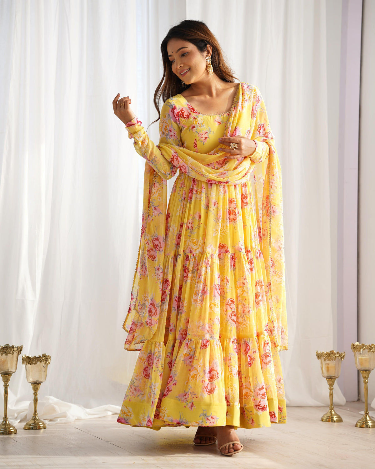 Mustard Silk Embroidered Anarkali Kurta Set With Dupatta For Women