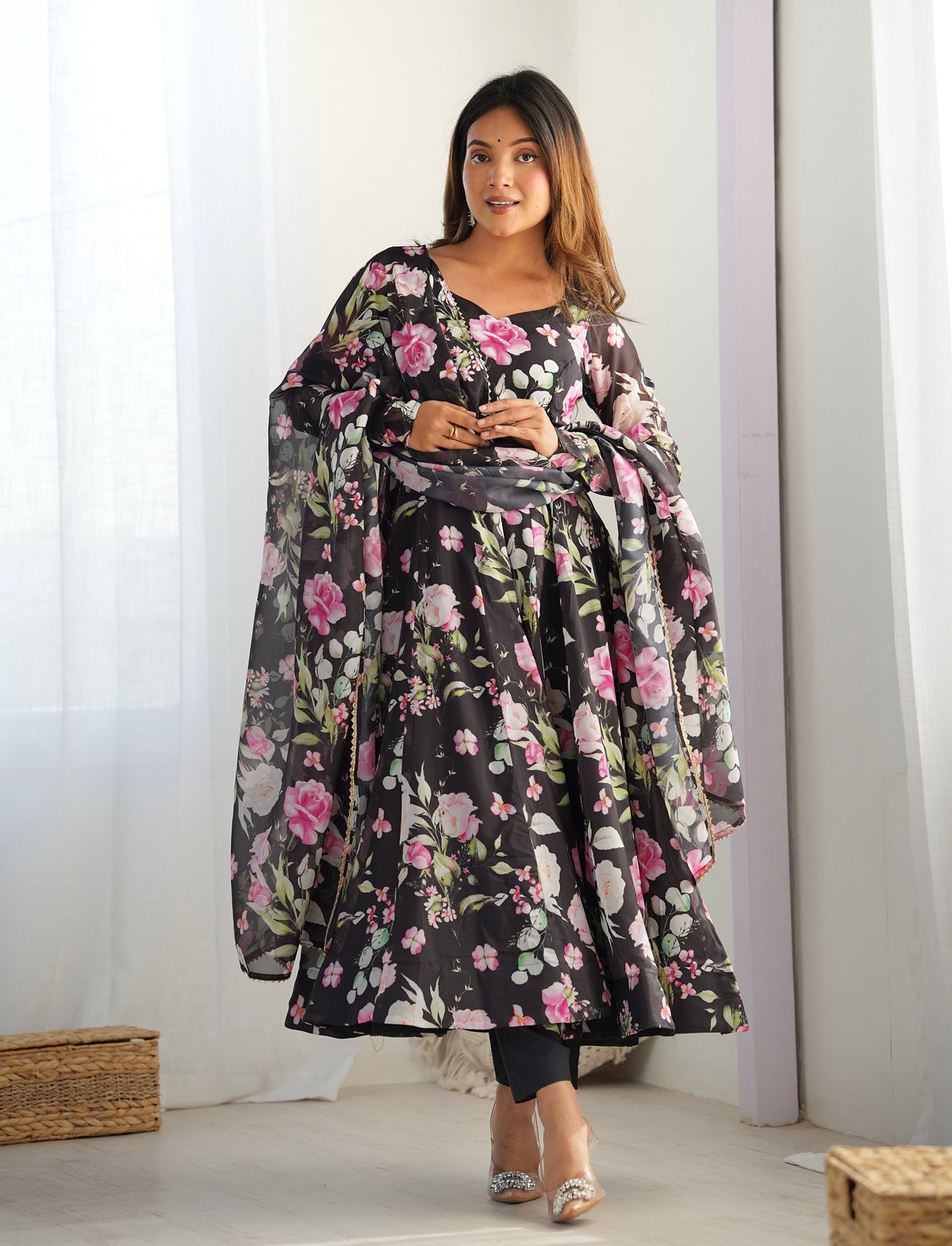 Black Silk Printed Anarkali Kurta Set With Dupatta For Women