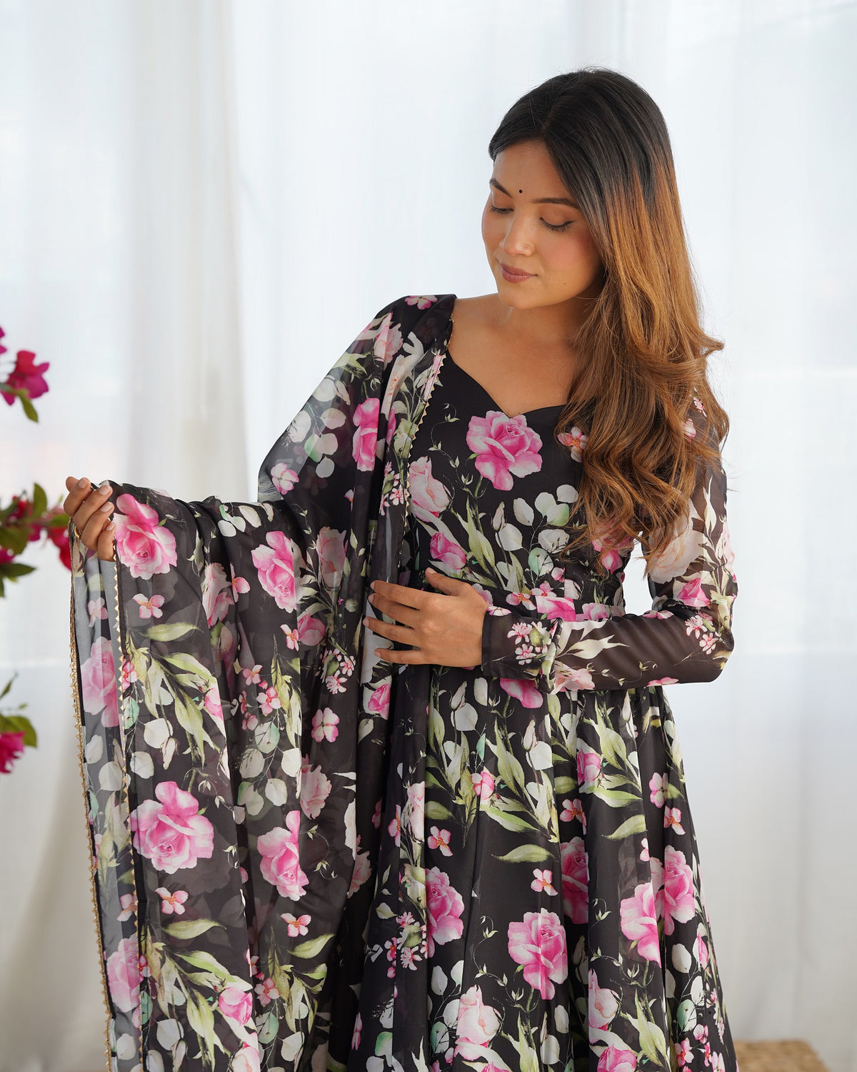Black Silk Printed Anarkali Kurta Set With Dupatta For Women