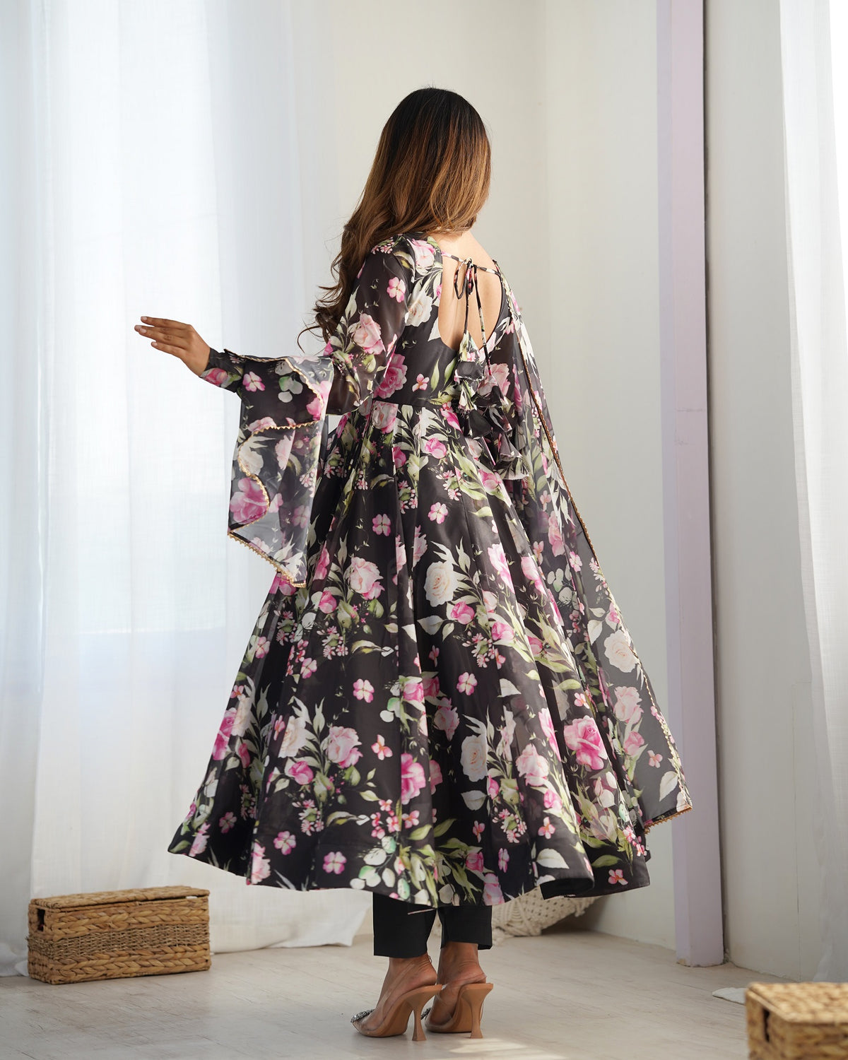 Black Silk Printed Anarkali Kurta Set With Dupatta For Women