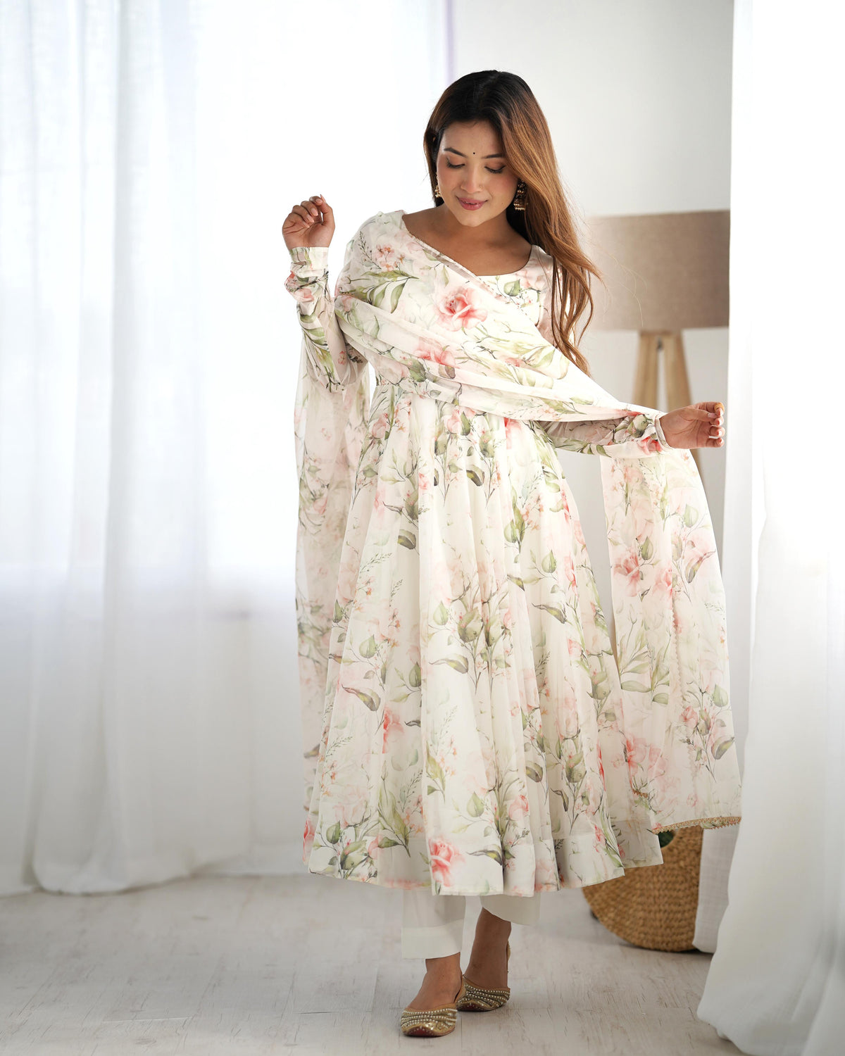 White Silk Printed Anarkali Kurta Set With Dupatta For Women