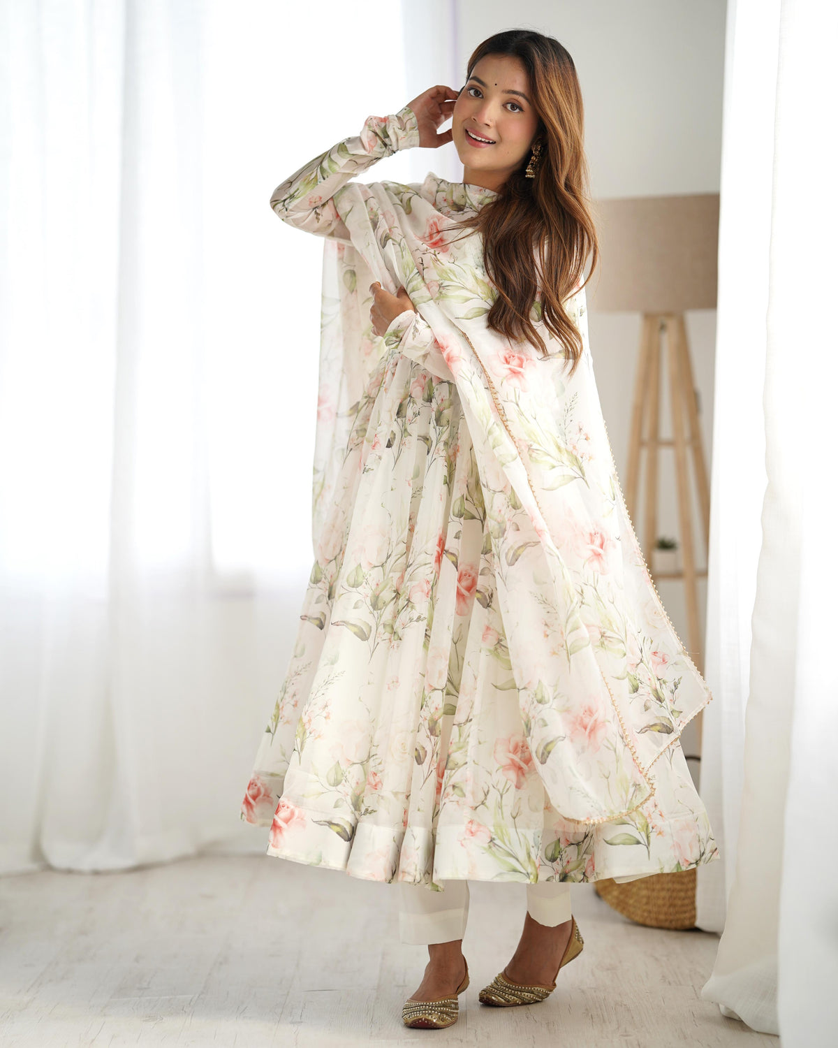 White Silk Printed Anarkali Kurta Set With Dupatta For Women
