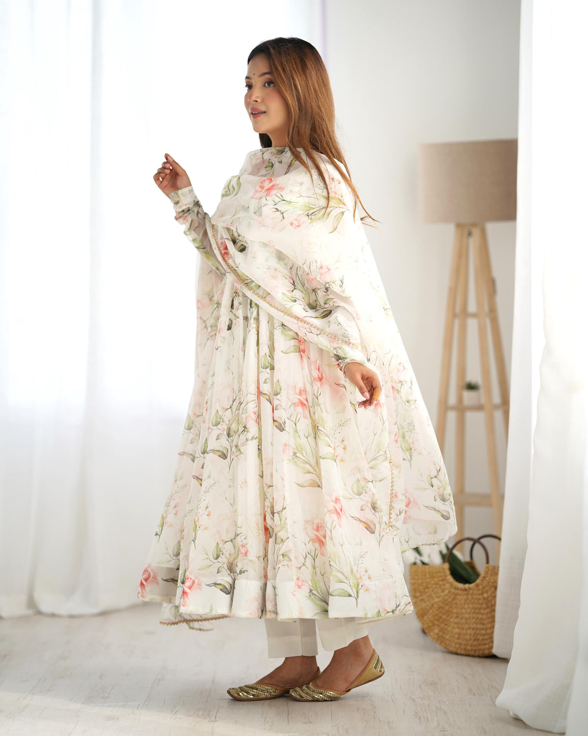 White Silk Printed Anarkali Kurta Set With Dupatta For Women