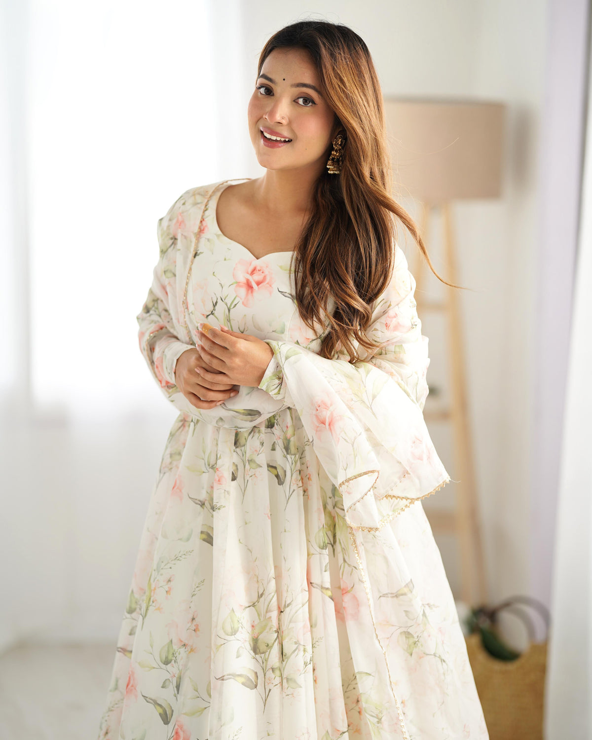 White Silk Printed Anarkali Kurta Set With Dupatta For Women