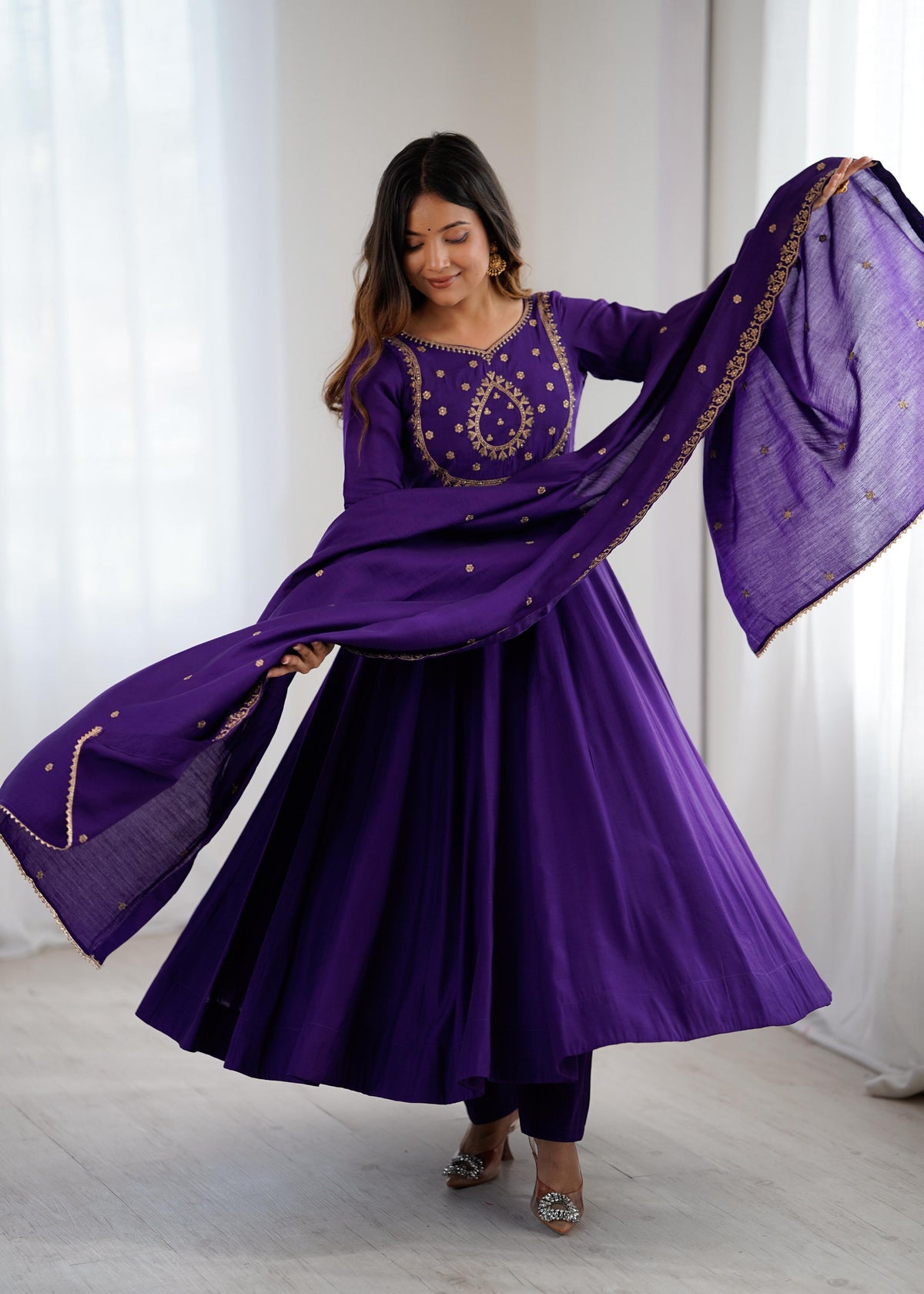 Wine Silk Embroidered Anarkali Kurta Set With Dupatta For Women