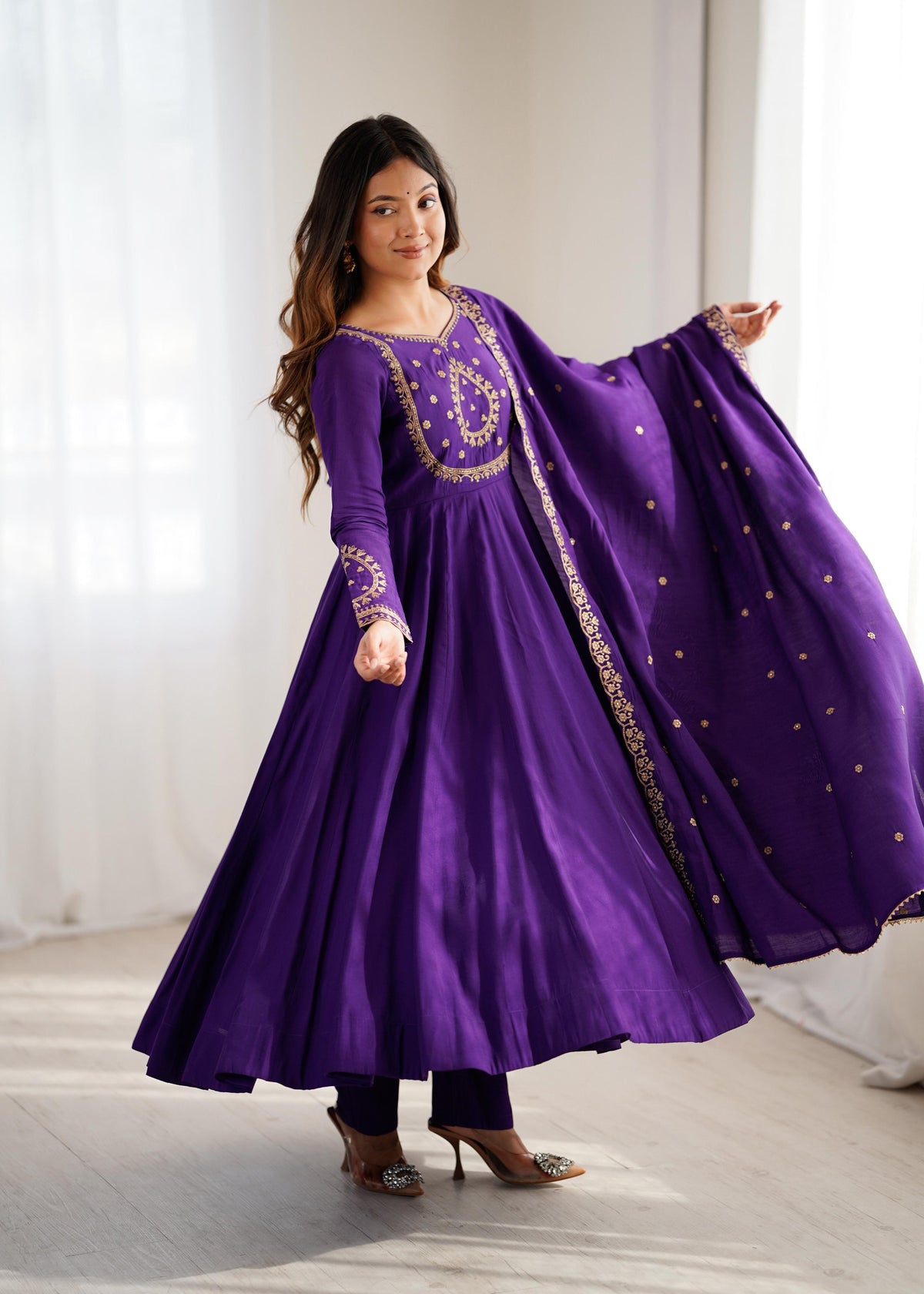 Wine Silk Embroidered Anarkali Kurta Set With Dupatta For Women