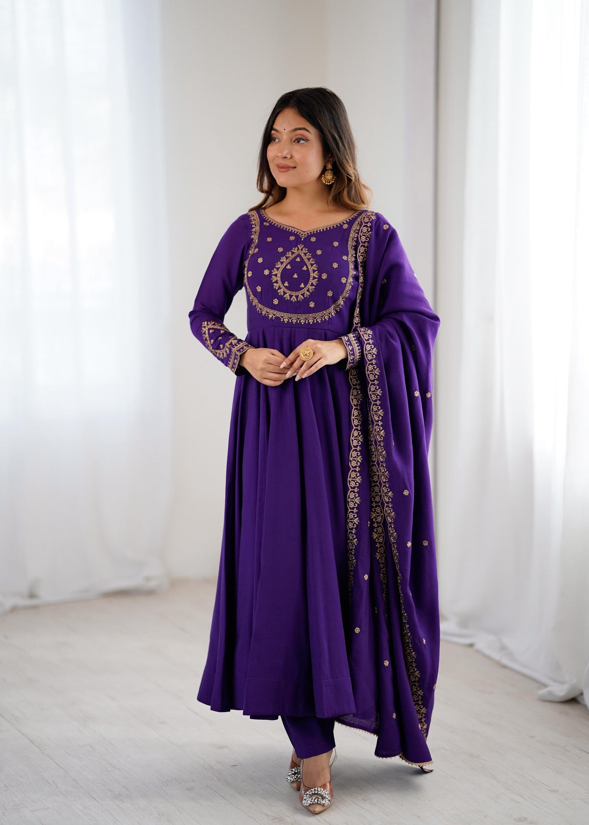 Wine Silk Embroidered Anarkali Kurta Set With Dupatta For Women