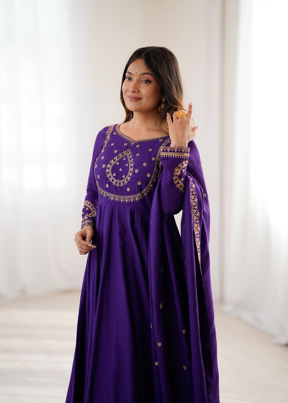 Wine Silk Embroidered Anarkali Kurta Set With Dupatta For Women
