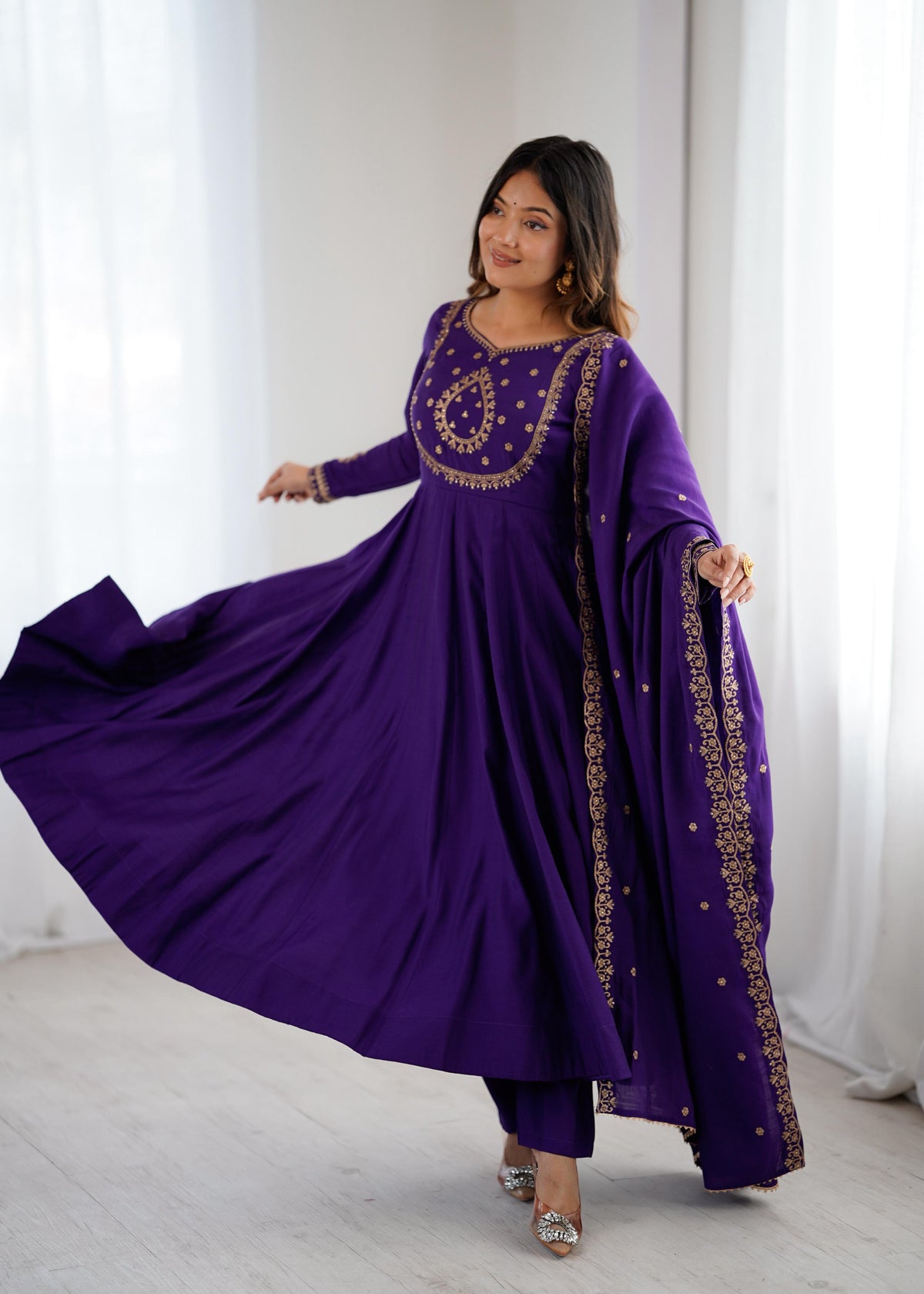 Wine Silk Embroidered Anarkali Kurta Set With Dupatta For Women