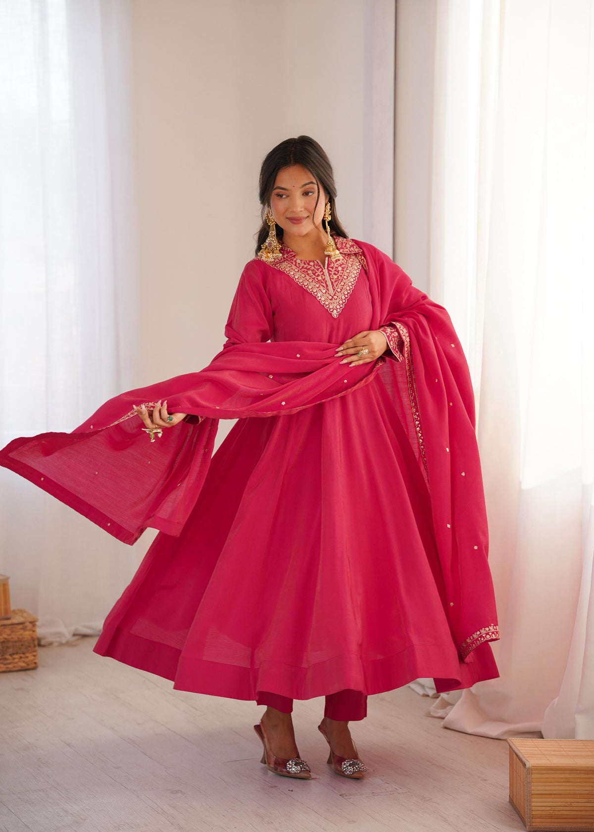 Pink Silk Embroidered Anarkali Kurta Set With Dupatta For Women
