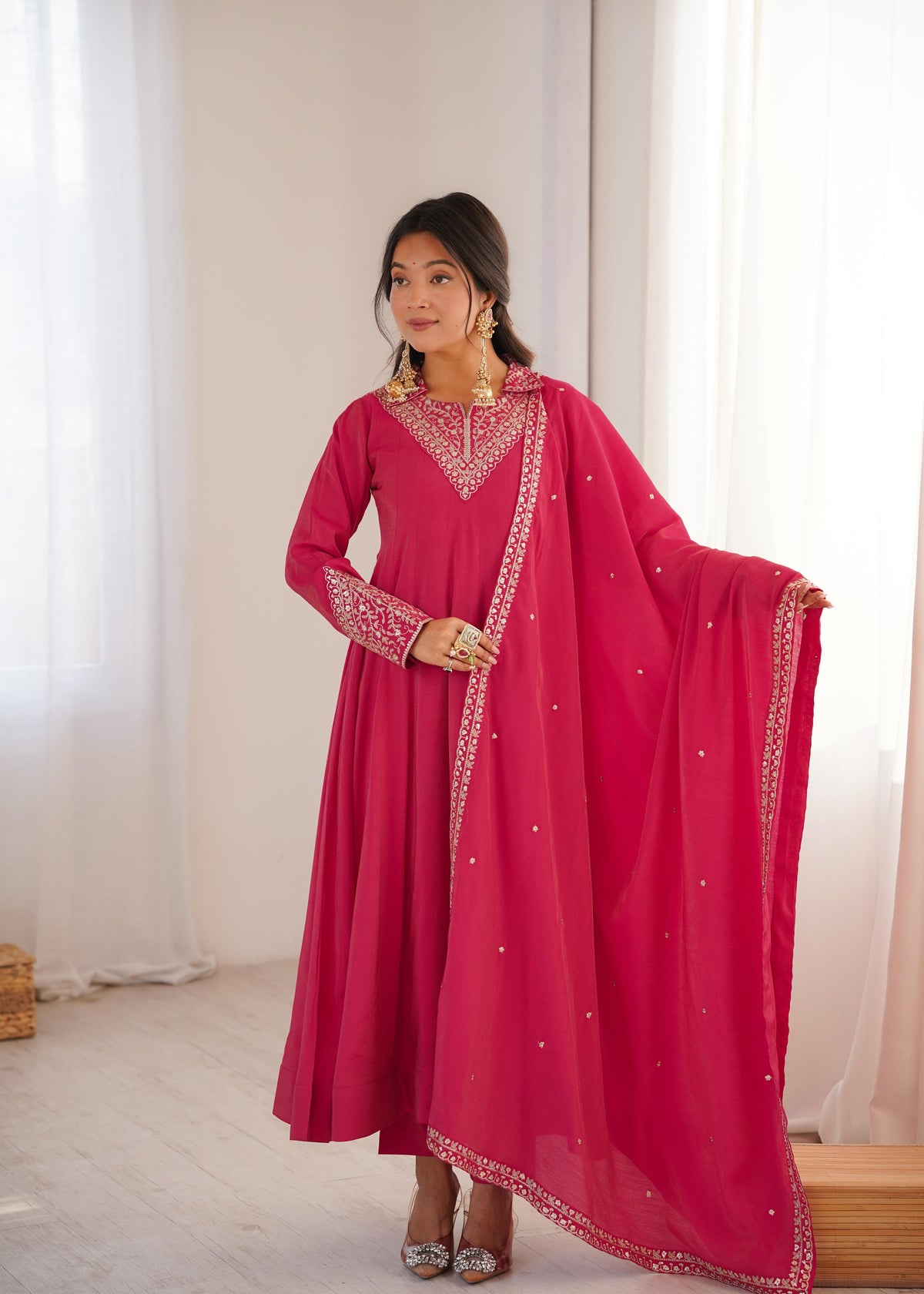 Pink Silk Embroidered Anarkali Kurta Set With Dupatta For Women