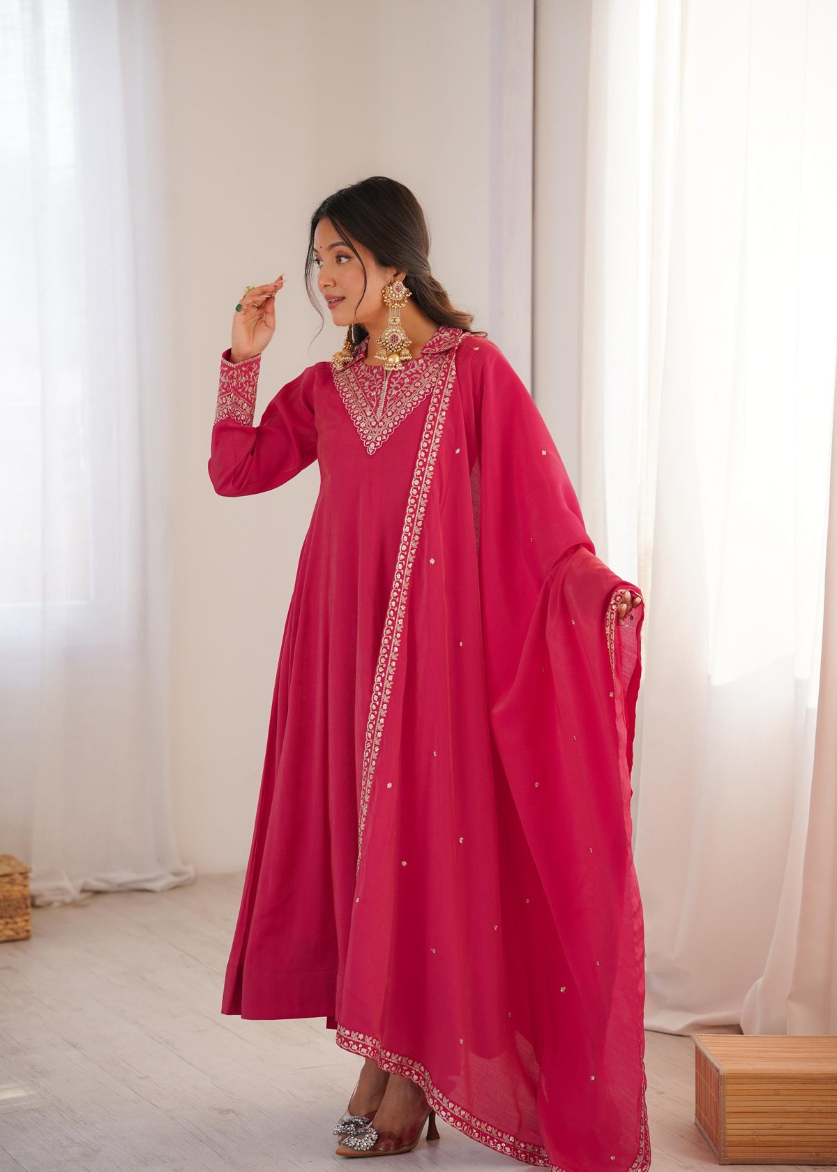 Pink Silk Embroidered Anarkali Kurta Set With Dupatta For Women