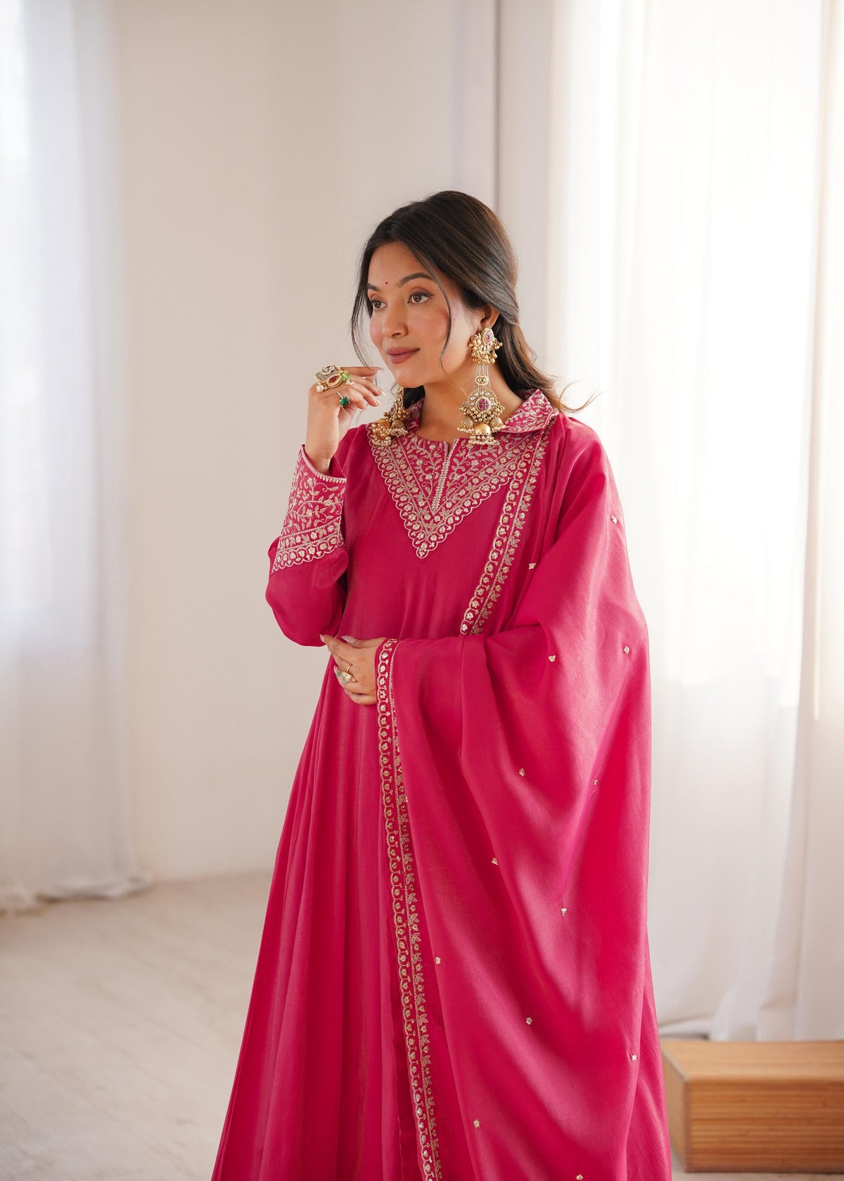 Pink Silk Embroidered Anarkali Kurta Set With Dupatta For Women