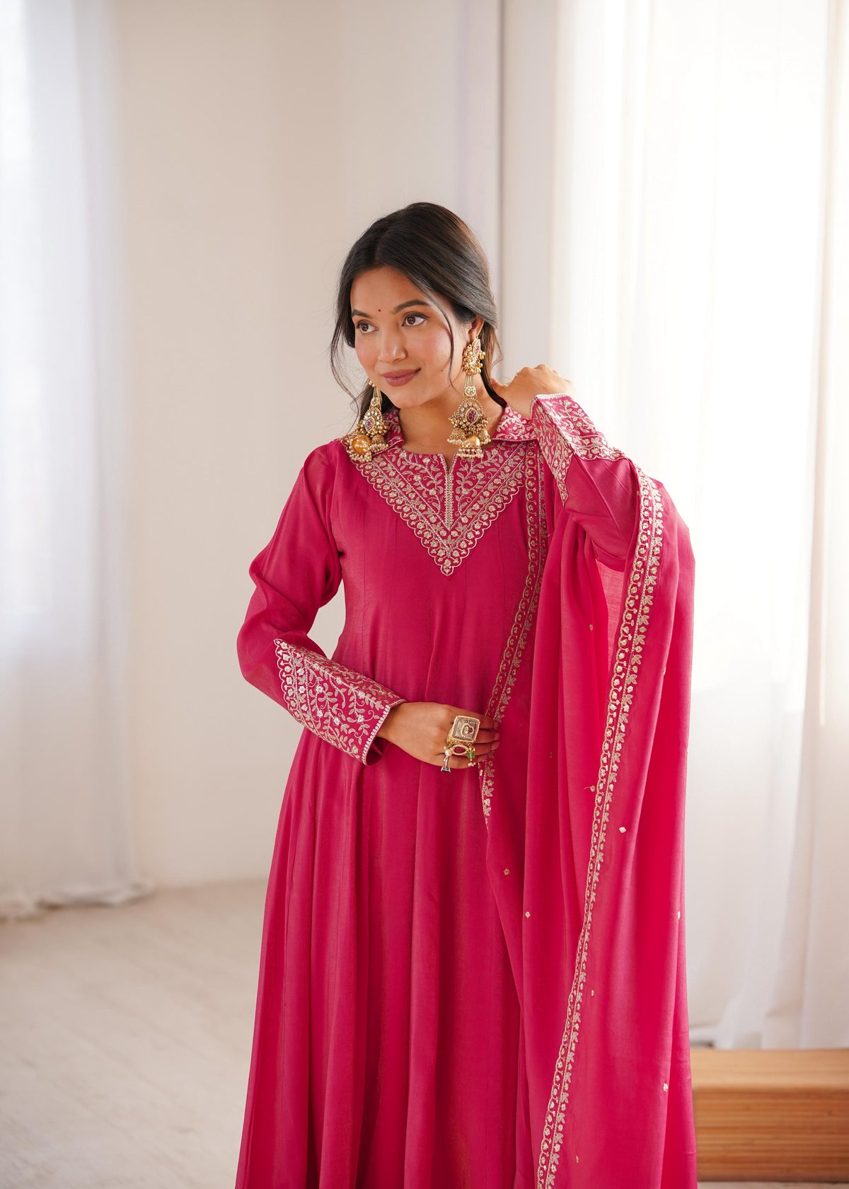 Pink Silk Embroidered Anarkali Kurta Set With Dupatta For Women