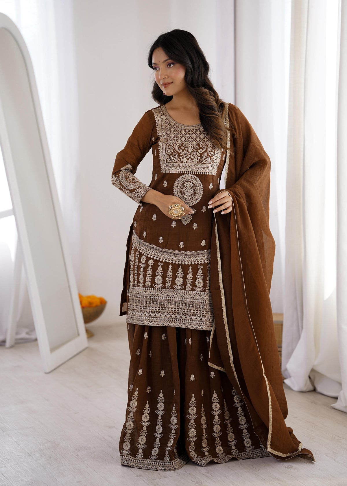 Brown Silk Embroidered Peplum Sharara Set With Dupatta For Women