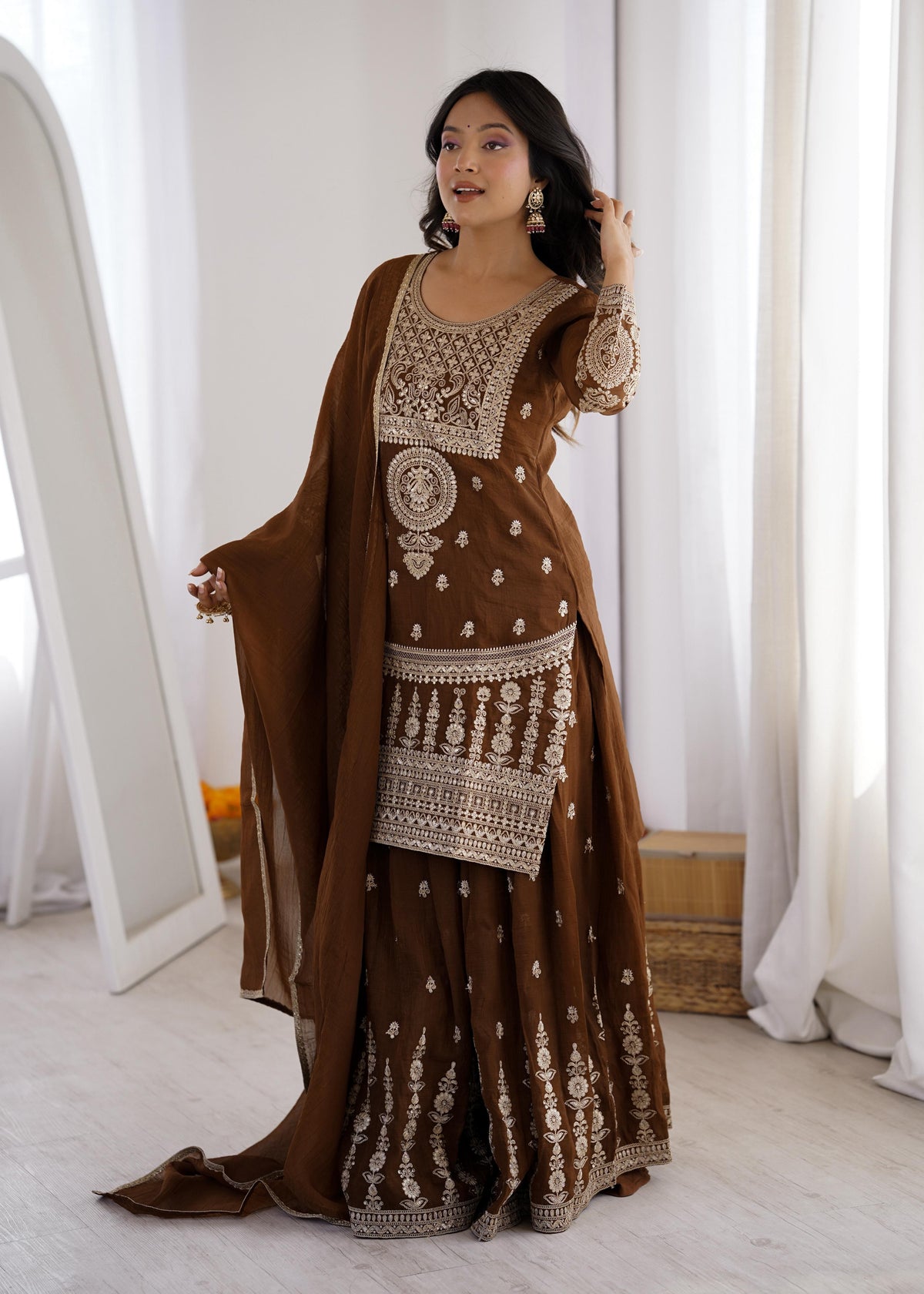 Brown Silk Embroidered Peplum Sharara Set With Dupatta For Women