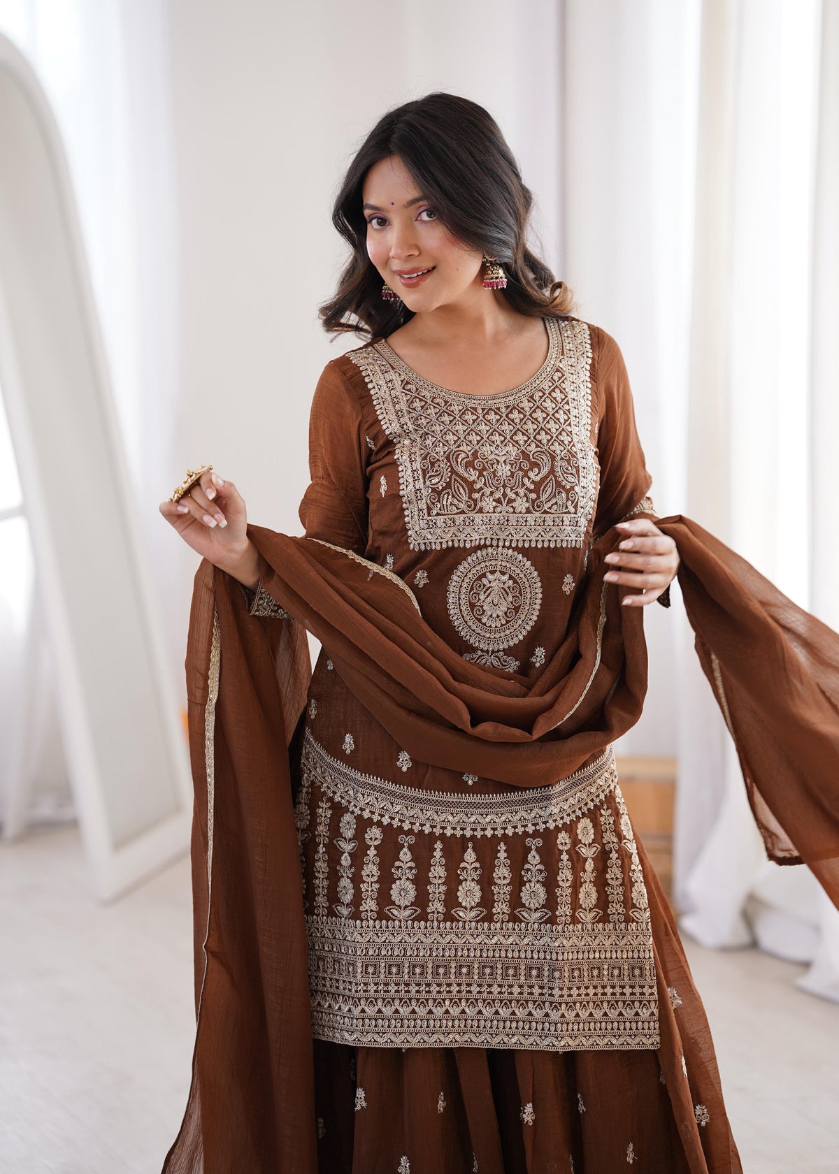 Brown Silk Embroidered Peplum Sharara Set With Dupatta For Women