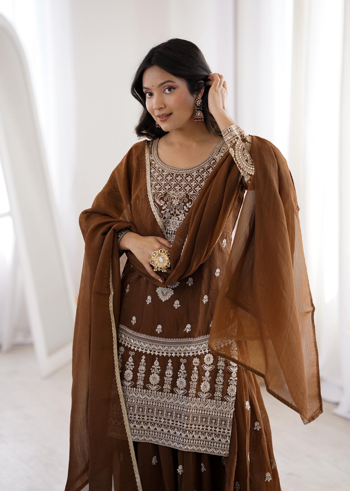 Brown Silk Embroidered Peplum Sharara Set With Dupatta For Women