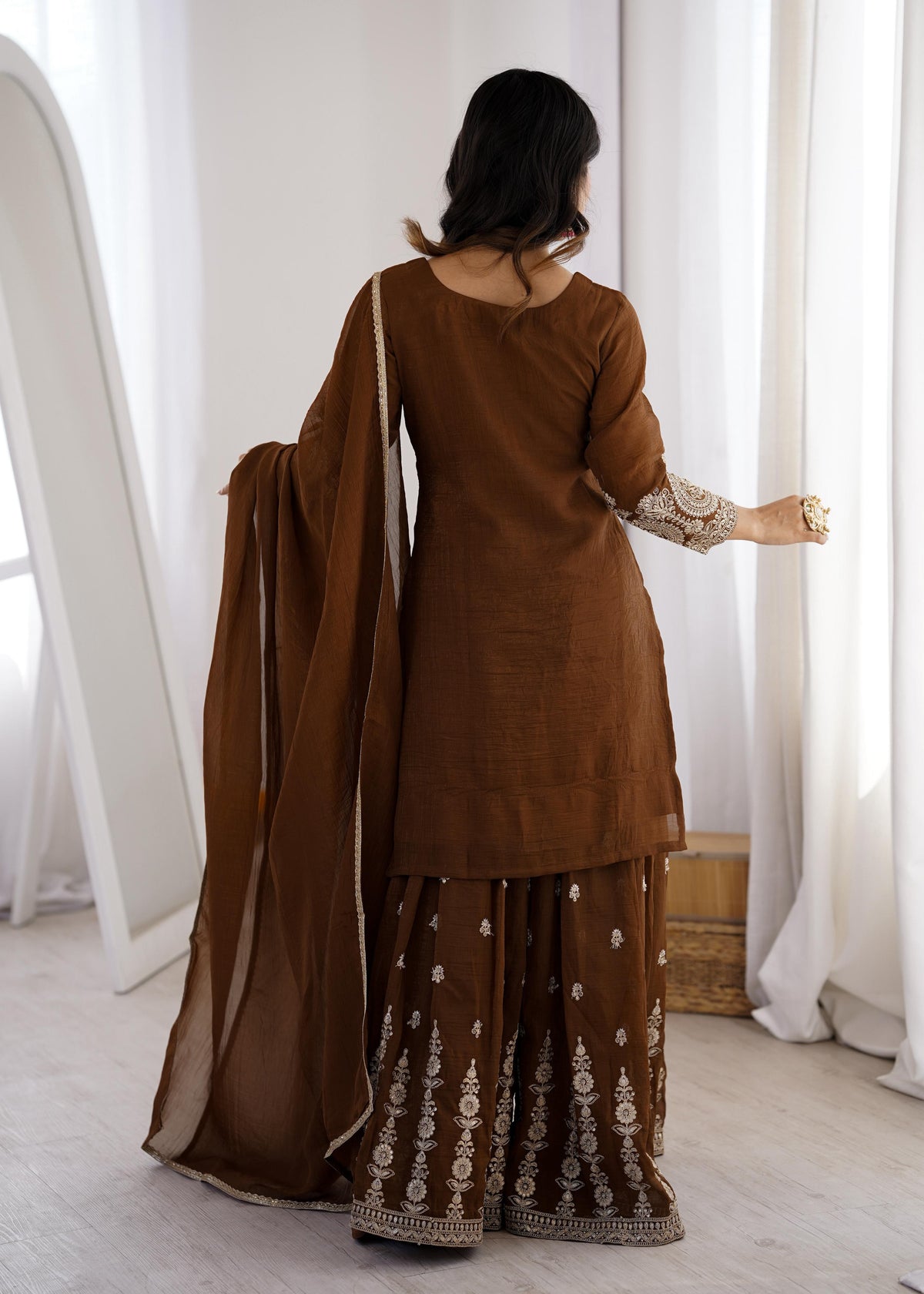 Brown Silk Embroidered Peplum Sharara Set With Dupatta For Women