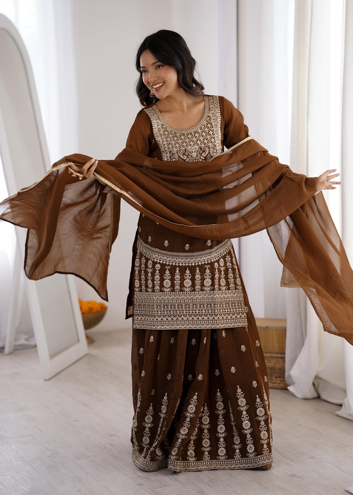 Brown Silk Embroidered Peplum Sharara Set With Dupatta For Women