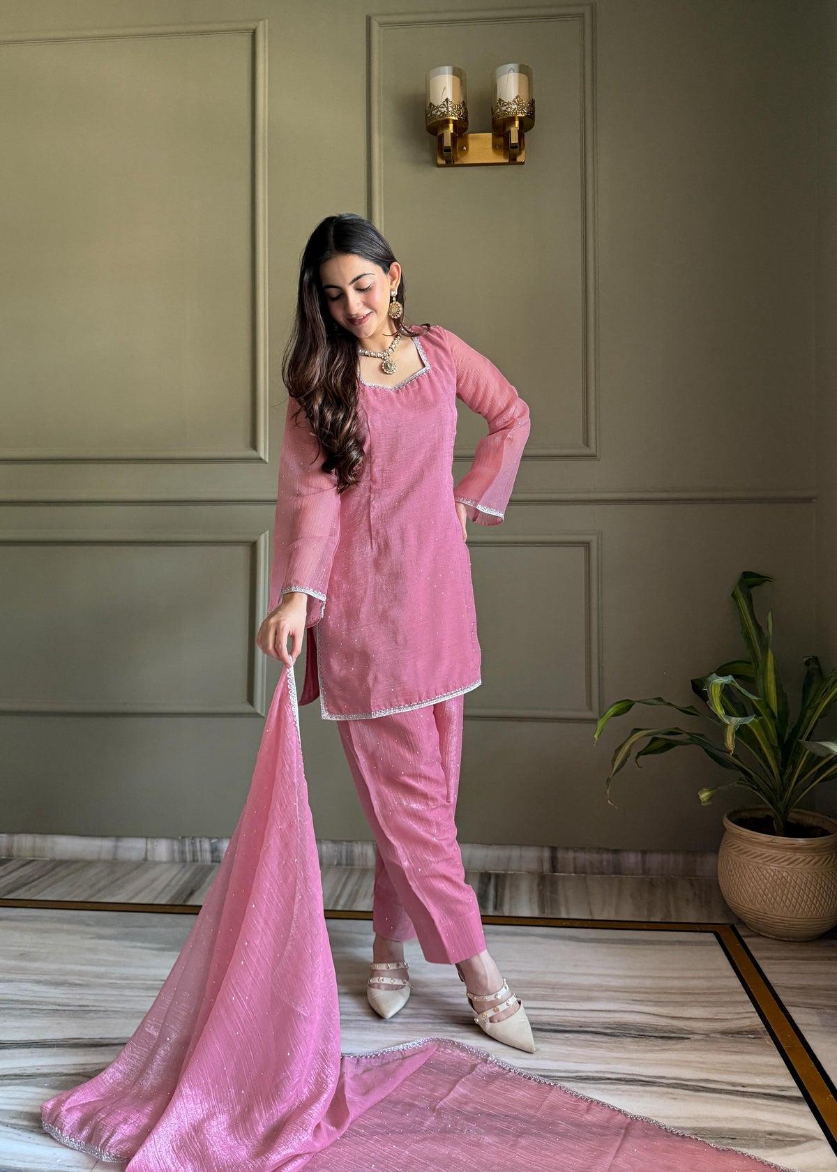 Pink Silk Embroidered Peplum Sharara Set With Dupatta For Women