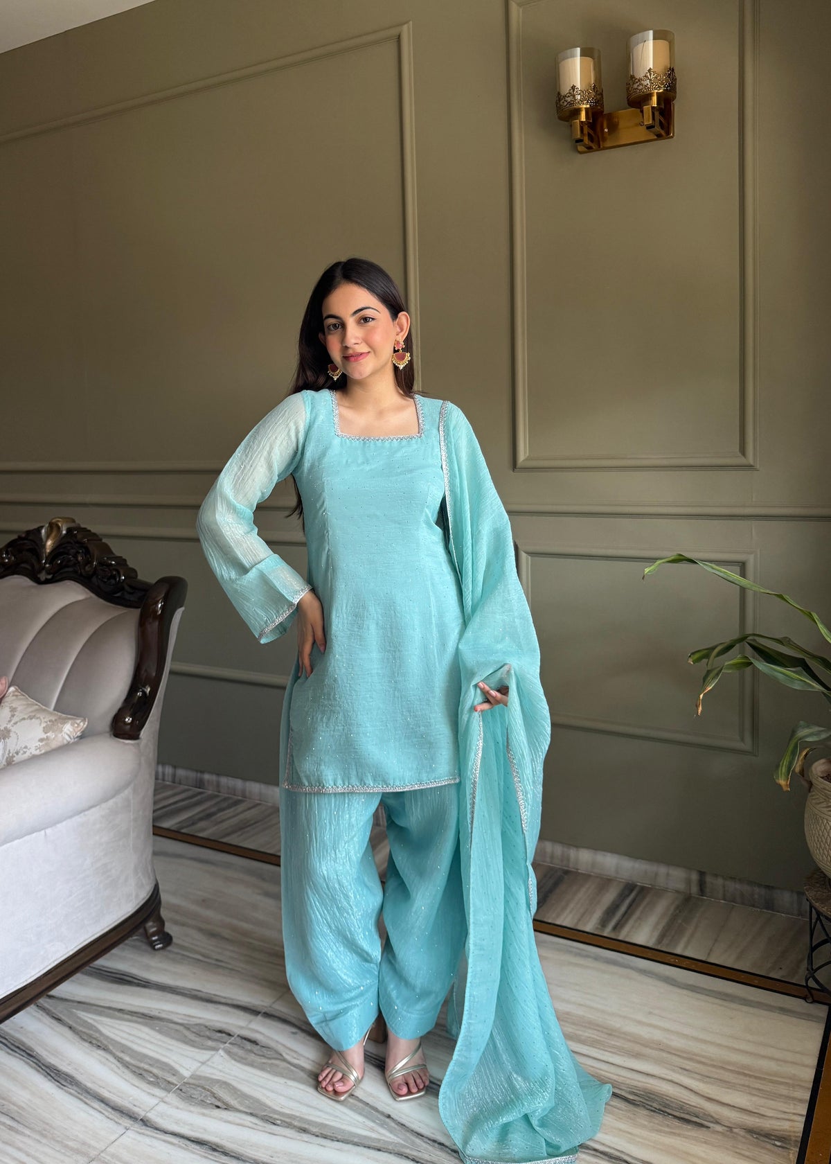 Sky Silk Embroidered Peplum Sharara Set With Dupatta For Women