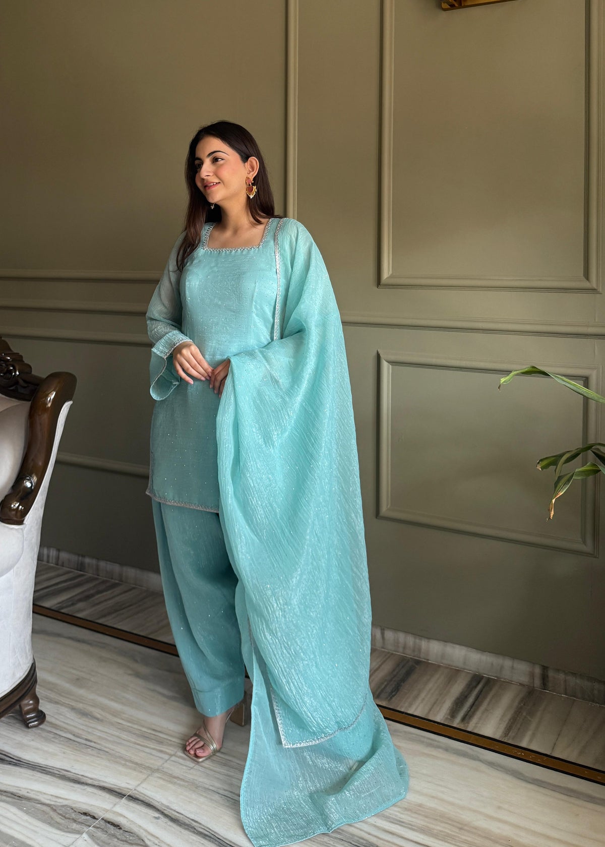 Sky Silk Embroidered Peplum Sharara Set With Dupatta For Women