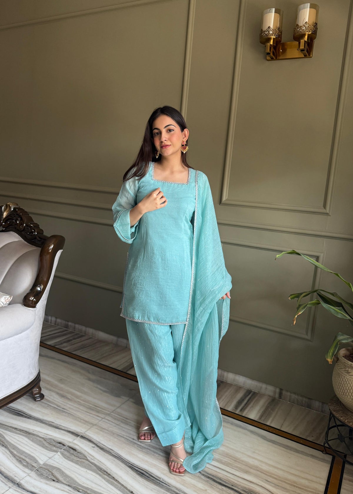 Sky Silk Embroidered Peplum Sharara Set With Dupatta For Women