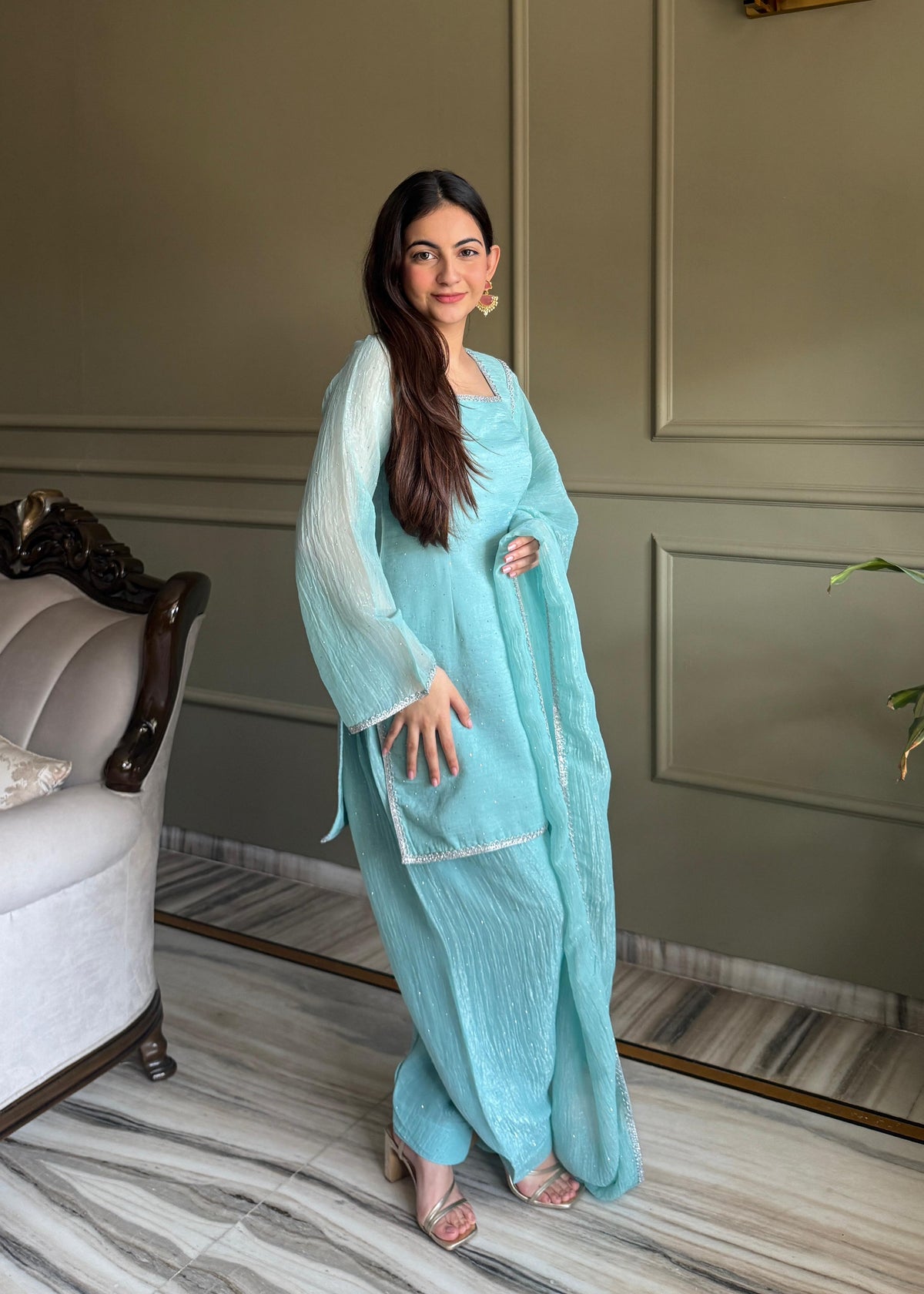 Sky Silk Embroidered Peplum Sharara Set With Dupatta For Women
