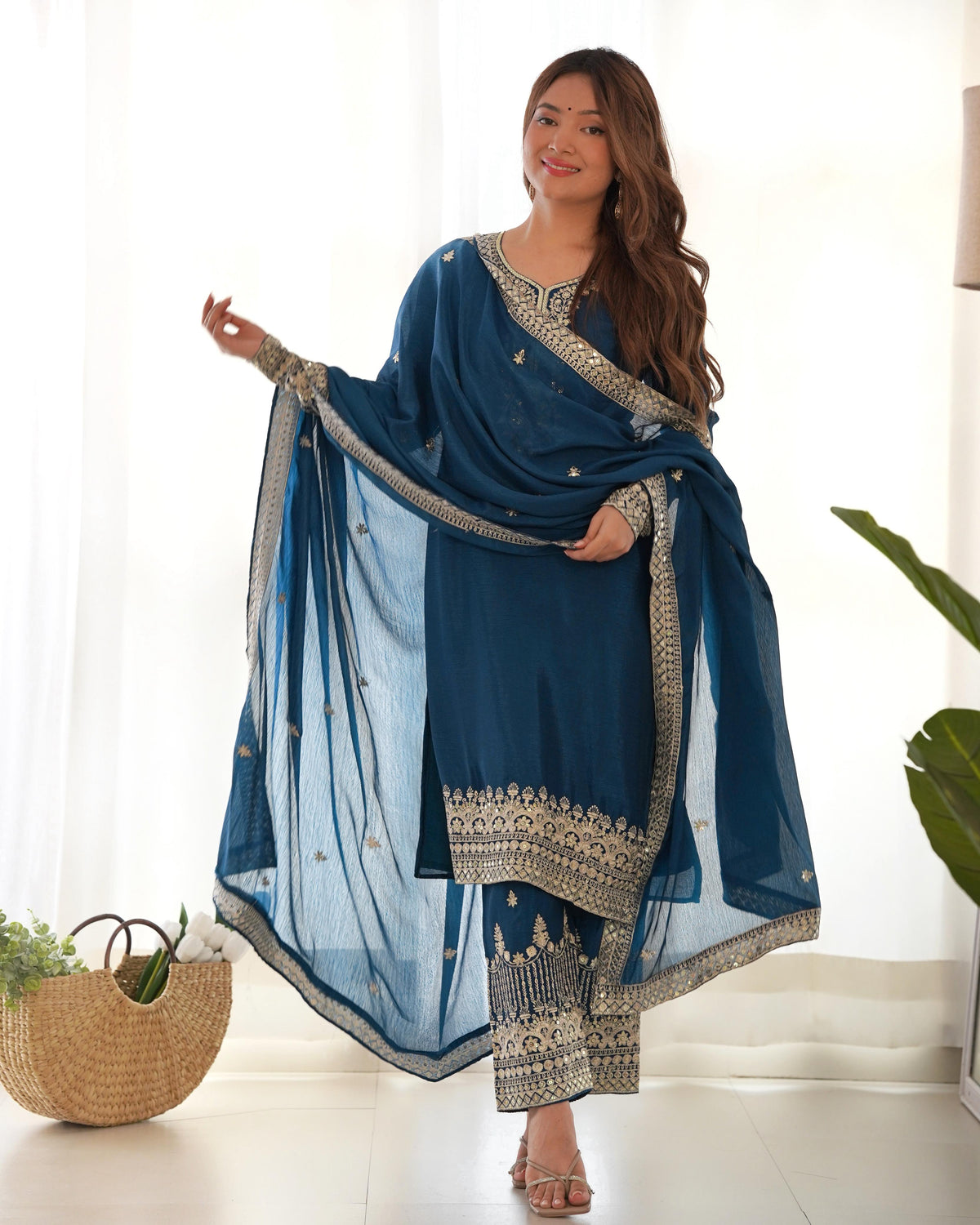 Blue Pure Chinon Silk Embroidered Straight Kurta Set with Dupatta & Trouser