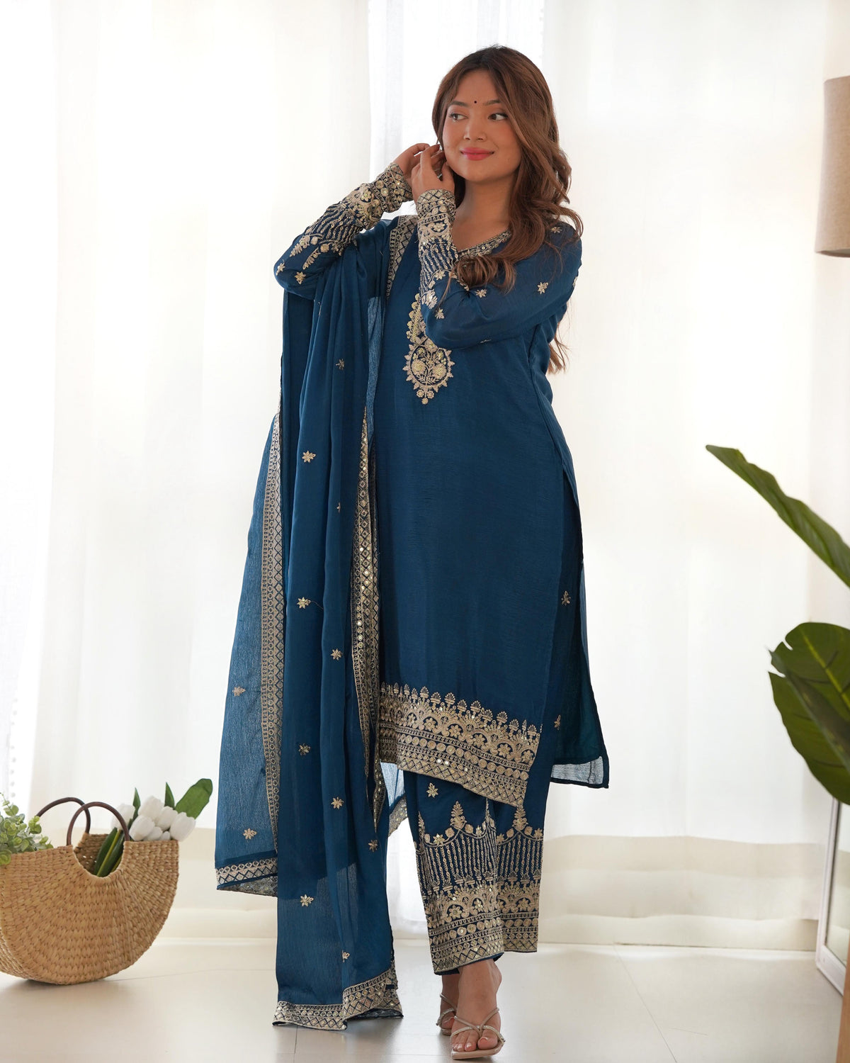 Blue Pure Chinon Silk Embroidered Straight Kurta Set with Dupatta & Trouser
