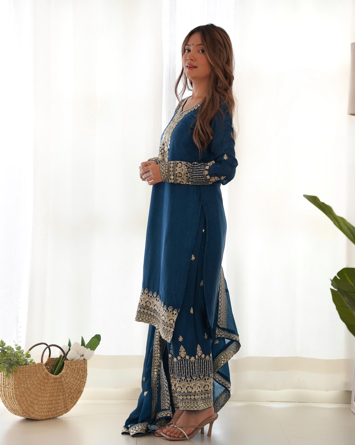 Blue Pure Chinon Silk Embroidered Straight Kurta Set with Dupatta & Trouser