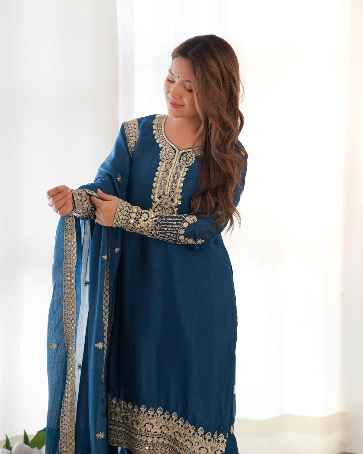 Blue Pure Chinon Silk Embroidered Straight Kurta Set with Dupatta & Trouser