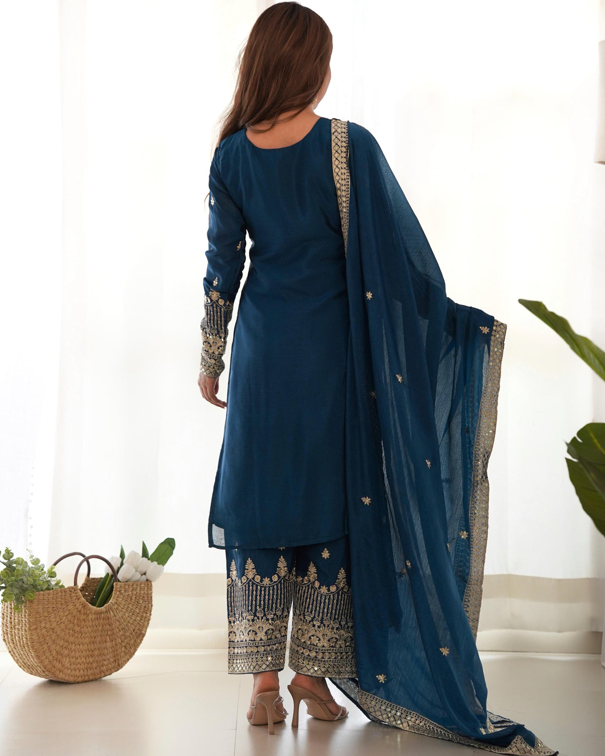 Blue Pure Chinon Silk Embroidered Straight Kurta Set with Dupatta & Trouser