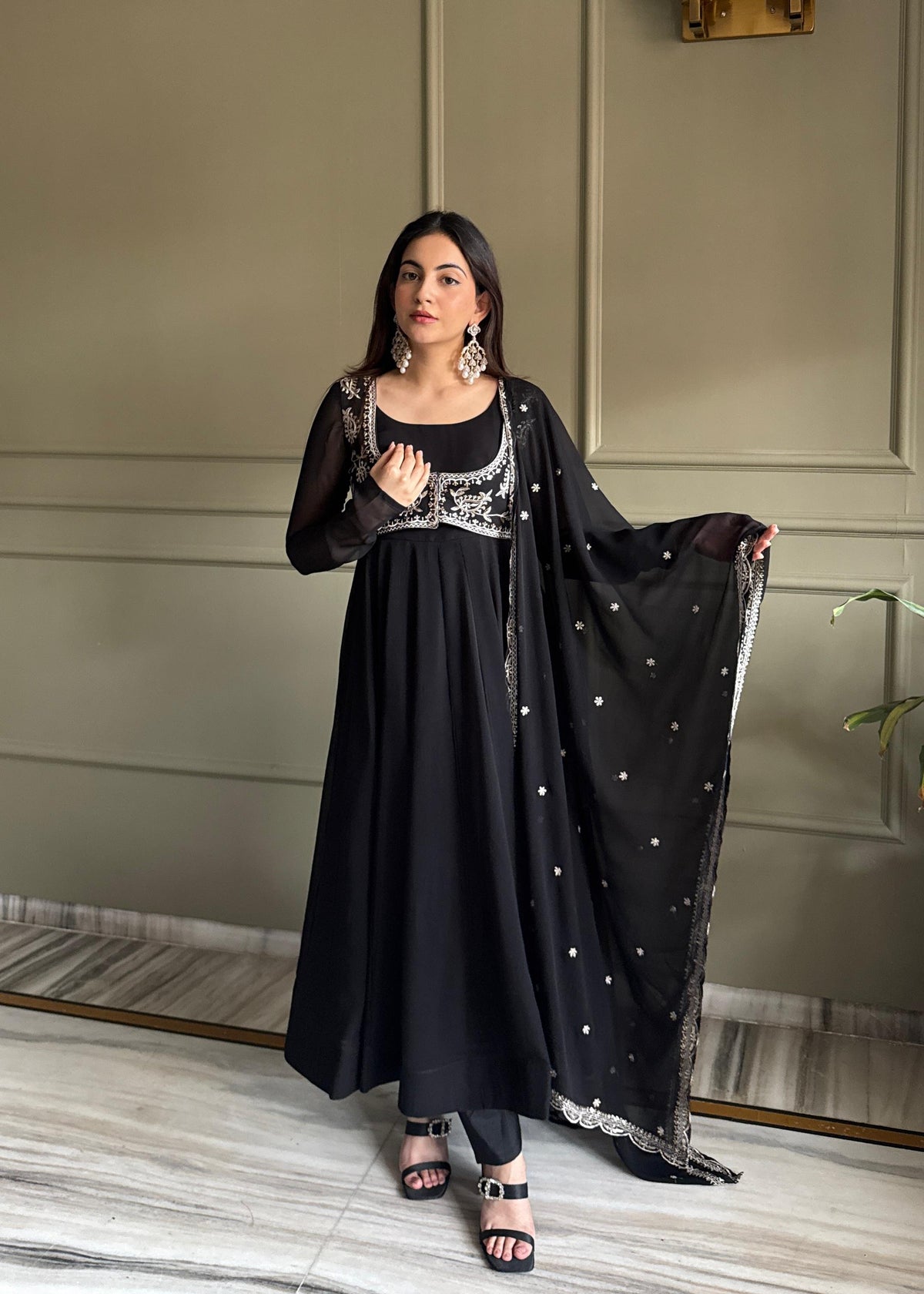 Black Silk Embroidered Anarkali Kurta Set With Dupatta For Women