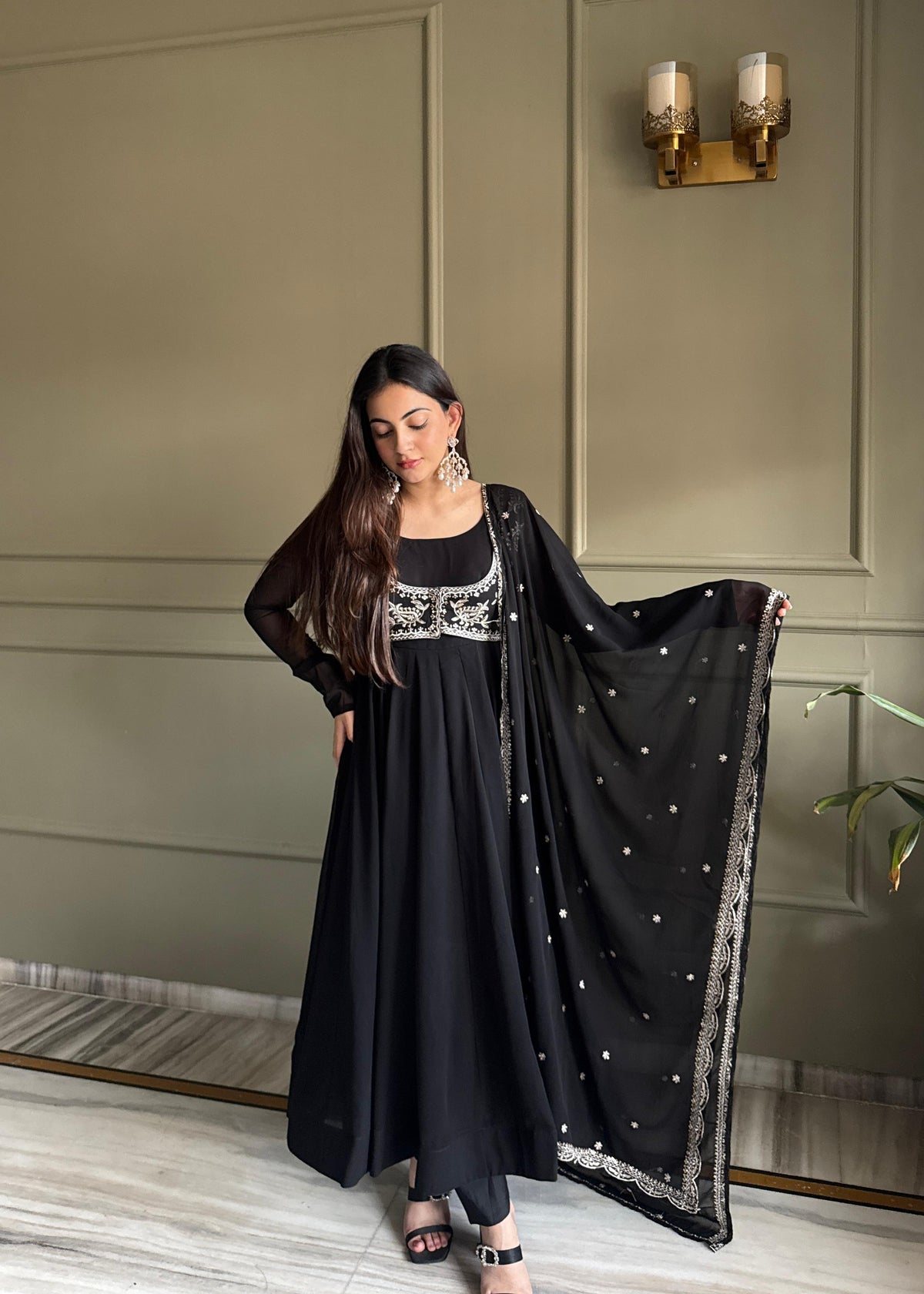 Black Silk Embroidered Anarkali Kurta Set With Dupatta For Women