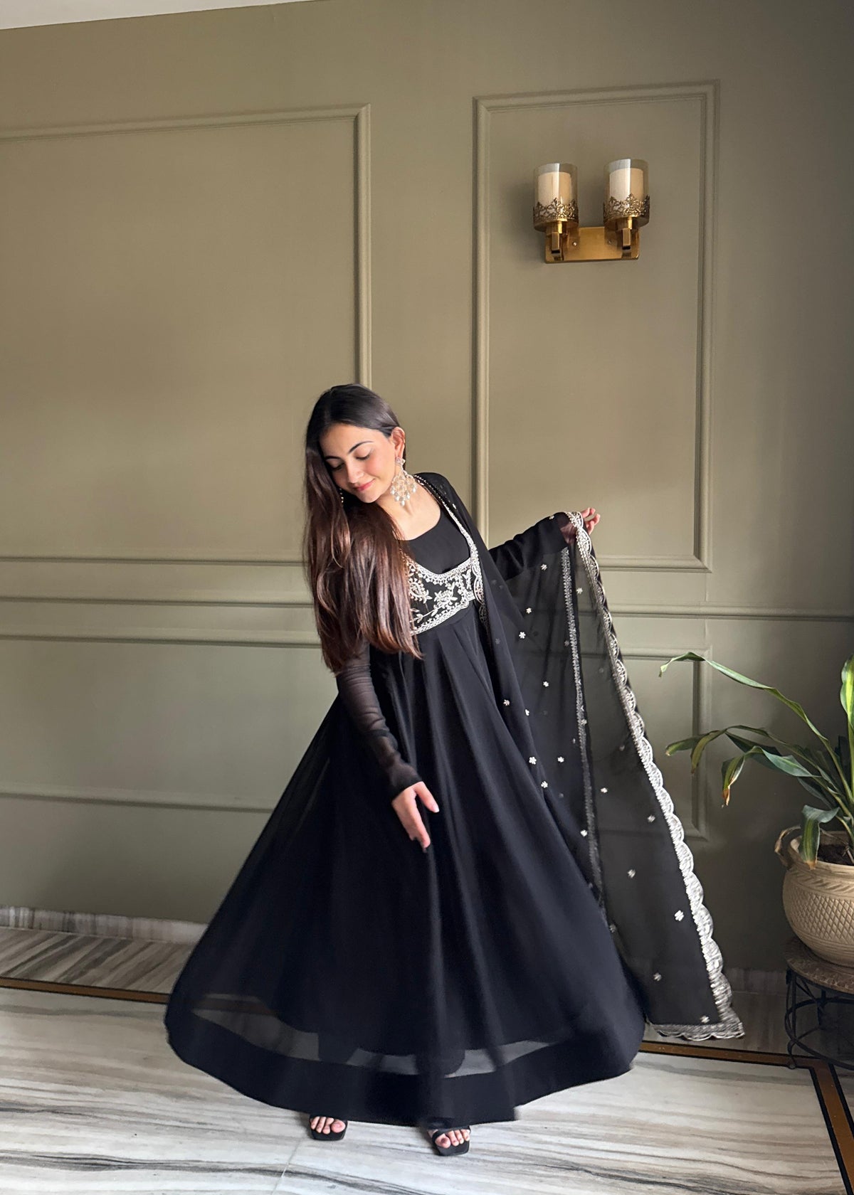 Black Silk Embroidered Anarkali Kurta Set With Dupatta For Women