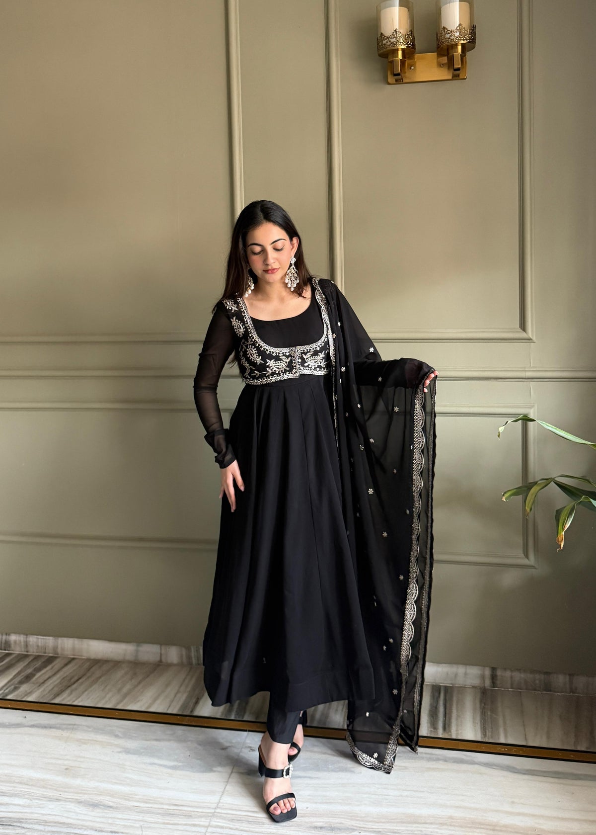 Black Silk Embroidered Anarkali Kurta Set With Dupatta For Women
