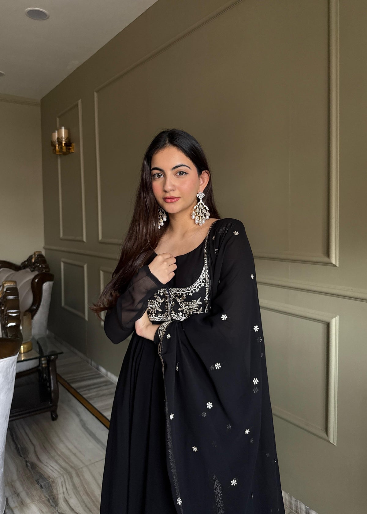 Black Silk Embroidered Anarkali Kurta Set With Dupatta For Women