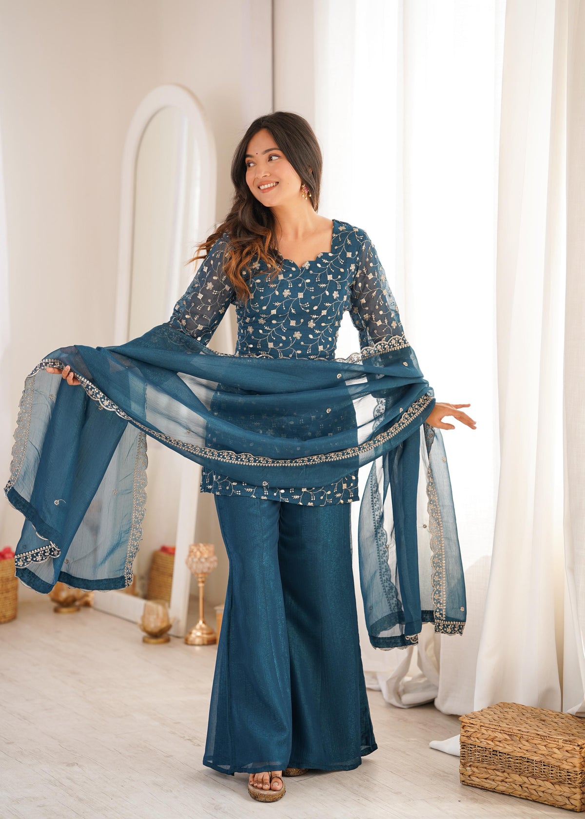 Rama Silk Embroidered Peplum Sharara Set With Dupatta For Women