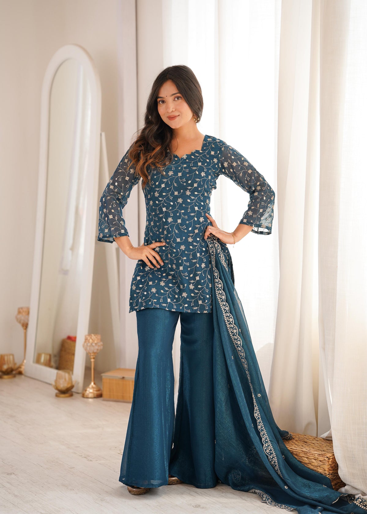 Rama Silk Embroidered Peplum Sharara Set With Dupatta For Women