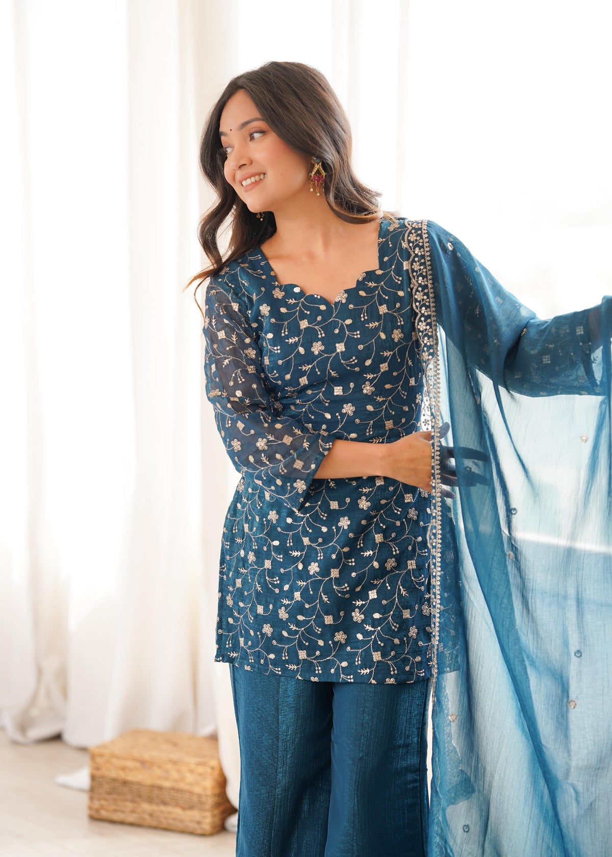 Rama Silk Embroidered Peplum Sharara Set With Dupatta For Women