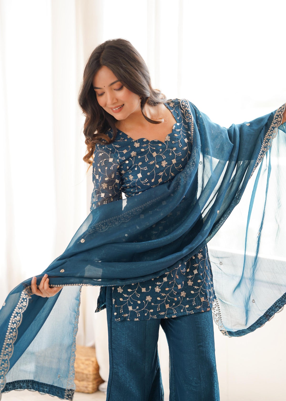Rama Silk Embroidered Peplum Sharara Set With Dupatta For Women
