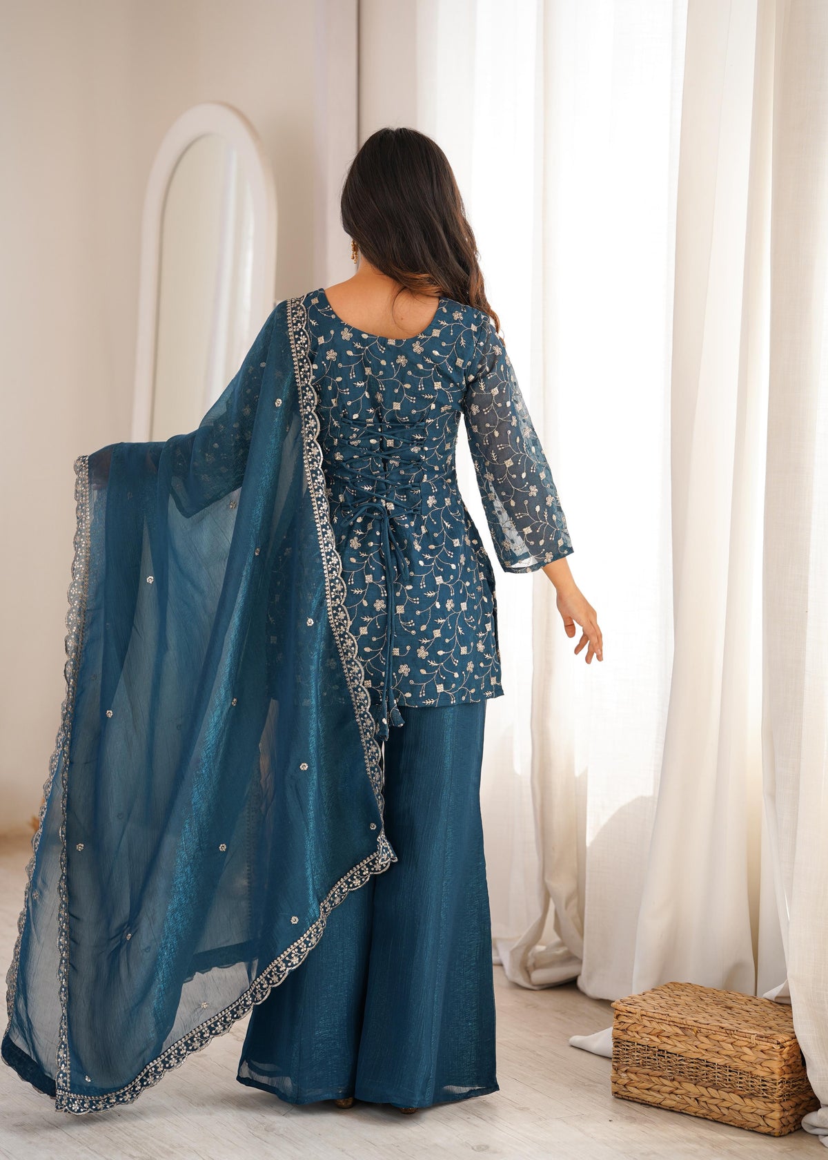 Rama Silk Embroidered Peplum Sharara Set With Dupatta For Women