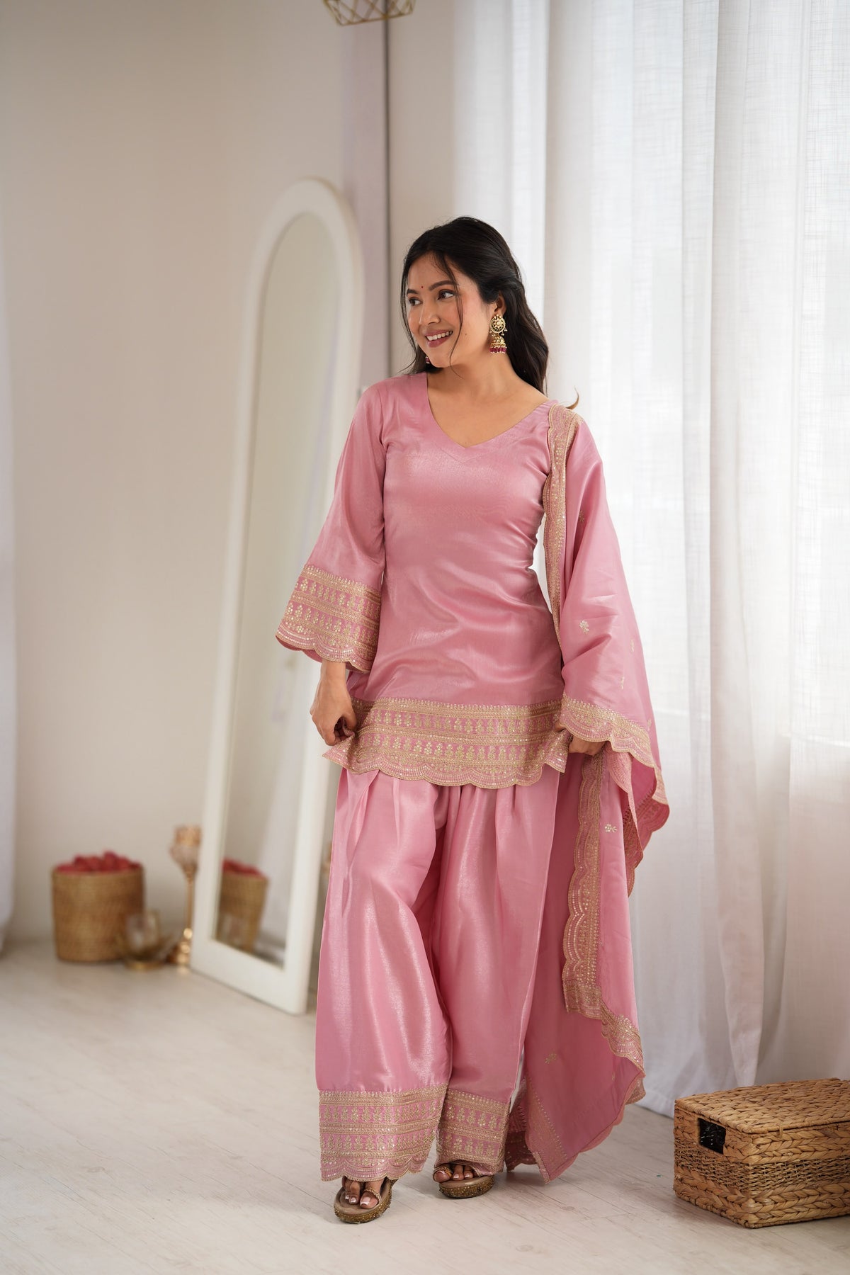 Pink Silk Embroidered Peplum Sharara Set With Dupatta For Women